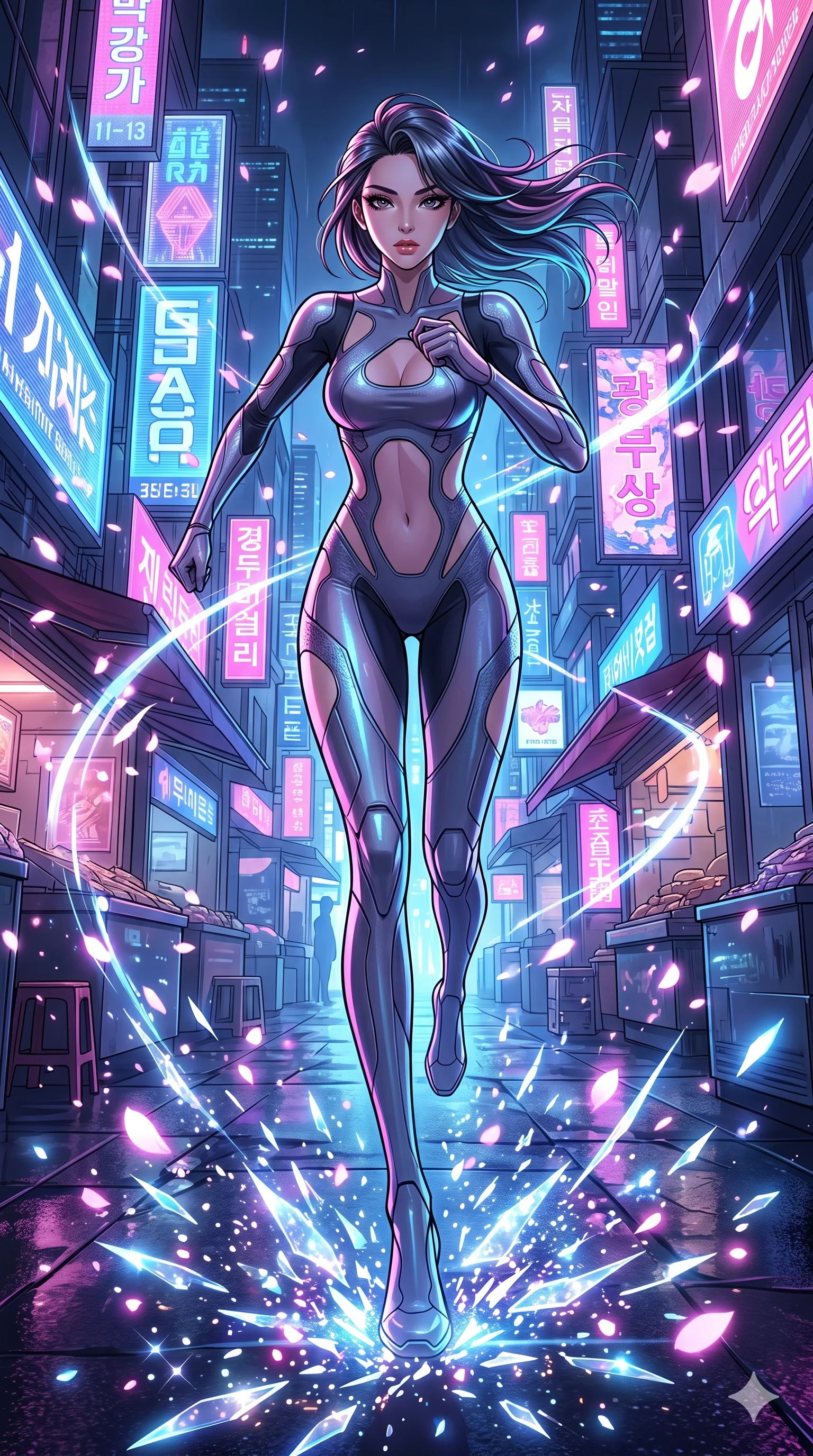 score_9, masterpiece, best quality, ultra-detailed, Set A: High-budget Anime Keyframe, Korean woman. Low angle cowboy shot filling the entire 9:16 frame with her statuesque presence. Sprinting through a neon-lit Neo-Seoul market, as the ground beneath her turns into 1 shards of light and surrounded by digital sakura petals. She has an absolutely perfect 8-heads proportion, an exceptionally tall and slender female figure with impossibly long slender legs and an ultra-slim waist. Sharp v-shaped jawline, high-bridge nose, intricate jewel-like eyes with depth, thick eyelashes, glossy lips with a natural sheen. Wearing Minimalist tech-suit with negative-space cutouts and liquid metal textures. Cinematic lighting, vibrant colors, dramatic shadows, 2k, ultra detail, master piece, 9:16 ratio