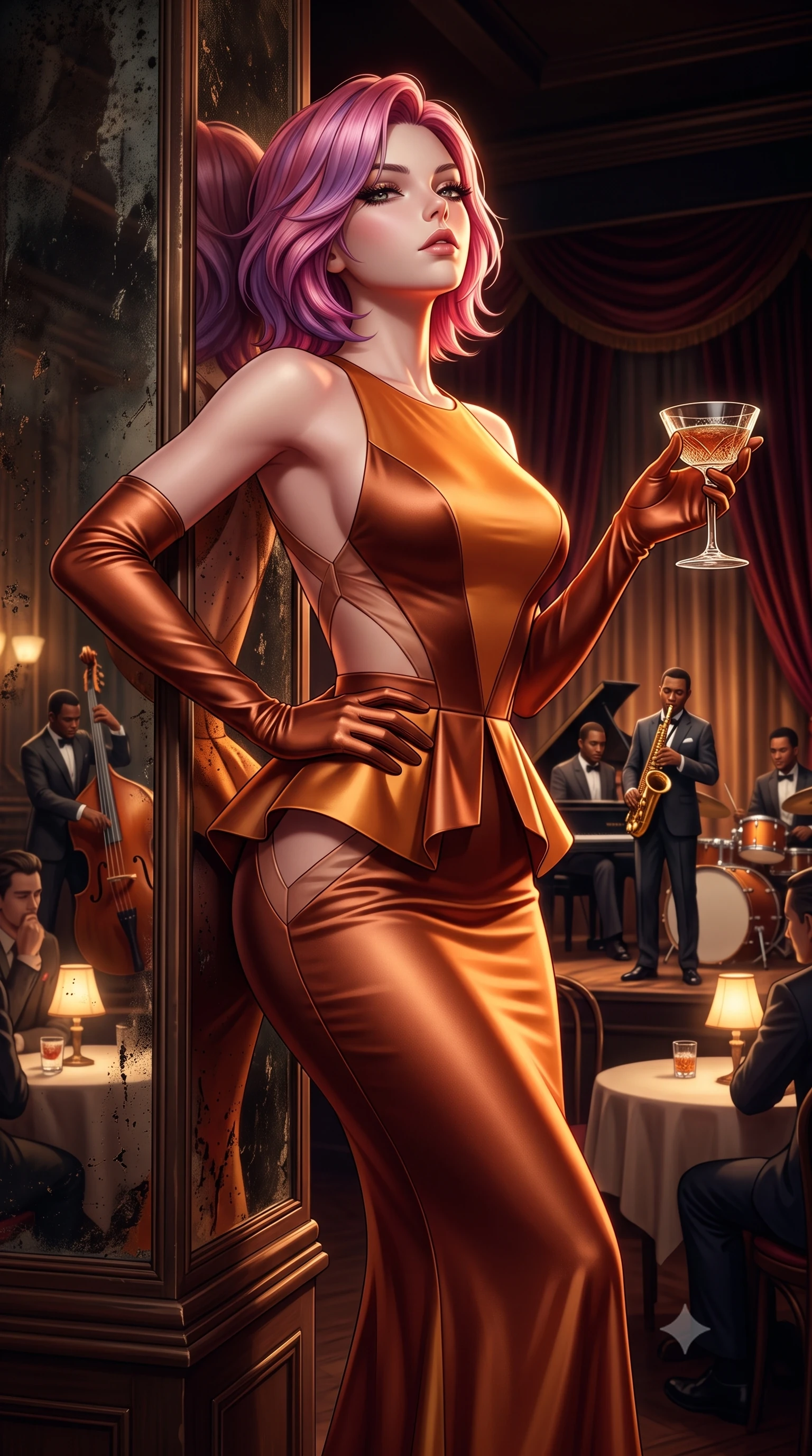 score_9, masterpiece, best quality, ultra-detailed, high-budget anime keyframe, semi-realistic 3D game render, editorial fashion photography, tasteful artistic composition, Caucasian woman. close-up cowboy shot from the waist and thighs up, the character dominates the composition, filling the frame with her large presence. tilting her chin up with proud, sovereign allure while gazing through thick eyelashes, one hand resting on her waist in pure supermodel charisma while leaning back against an antique mirrored column with hips cocked, casting a smoky, seductive bedroom-gaze past the jazz quartet. The surrounding environment is rendered in vivid detail and crisp panoramic clarity. intense atmospheric jazz-noir chiaroscuro and sophisticated speakeasy romance aesthetics in precision. She has an exceptionally elegant, slender, and willowy female figure with an ultra-slim waist, flat toned midriff, narrow ribcage, and sculpted feminine hips creating an alluring, slim hourglass silhouette without bulk. sharp v-shaped jawline, high-bridge nose, intricate jewel-like eyes with depth, thick eyelashes, glossy parted lips with a natural sheen, intensely captivating and seductive bedroom-eyes expression, flawlessly proportioned anatomical accuracy, strict slender model proportions, natural body alignment, perfectly sculpted long slender limbs, ultra-slim waistline, clean dynamic posture without body distortion. wearing a structural geometric peplum gown with sheer side-ribbon cutouts and form-fitting skirt in rich copper bronze and warm amber, tailored from smooth liquid silk satin adhering seamlessly to her skin, accessorized with opera-length satin gloves and a vintage crystal glass, the precision-cut side openings and low-back scoop framing her graceful spine and the sensual sweep of her slim, toned hips. illuminated by rich specular rim lights defining her razor-sharp jawline, narrow waist, and curvy hips. highly saturated vibrant anime colors, detailed shading with soft gradients, rich glossy textures, high-contrast stereoscopic depth, volumetric dynamic lighting, master piece, 9:16 ratio