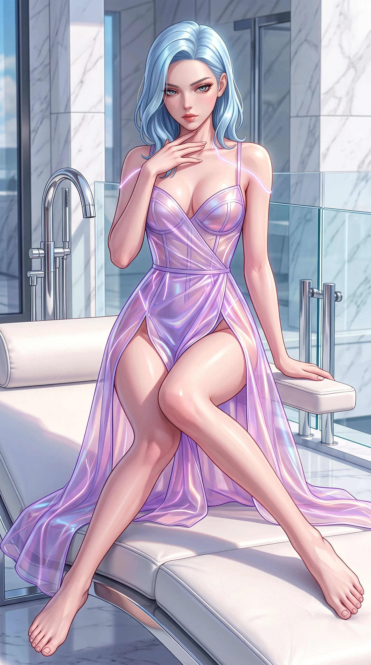 score_9, masterpiece, best quality, ultra-detailed, high-budget anime keyframe, semi-realistic 3D game render, editorial fashion photography, tasteful artistic composition, Korean woman. close-up cowboy shot from the waist and thighs up, the character dominates the composition, filling the frame with her large presence. resting her fingers lightly against her throat while looking down with a smoldering, haughty yet intensely captivating glance while stretching her long slender legs along a low white leather lounger as natural daylight floods the interior. The surrounding environment is rendered in vivid detail and crisp panoramic clarity. crisp architectural white marble seams, polished chrome fixtures, and crystal glass railings in deep focus. She has an exceptionally elegant, slender, and willowy female figure with an ultra-slim waist, a gracefully sculpted slender torso, toned flat midriff, and a refined slim silhouette. sharp v-shaped jawline, high-bridge nose, intricate jewel-like eyes with depth, thick eyelashes, glossy lips with a natural sheen, flawlessly proportioned anatomical accuracy, strict slender model proportions, natural body alignment, perfectly sculpted long slender limbs, ultra-slim waistline, clean dynamic posture without body distortion. wearing a translucent iridescent organza wrap dress with structured bustier boning, plunging neckline, and high-cut dual leg slits in luminous lavender violet and rose gold, tailored from semi-translucent cybernetic vinyl with glowing micro-filaments, accented with glowing fiber-optic seams tracing her collarbones and hip curves, the liquid-tight tailored fabric emphasizing every curve of her tall, slender model proportions and sculptured silhouette during dynamic movement. illuminated by crisp white studio key light with specular chrome and marble reflections. highly saturated vibrant anime colors, detailed shading with soft gradients, rich glossy textures, high-contrast stereoscopic depth, volumetric dynamic lighting, master piece, 9:16 ratio