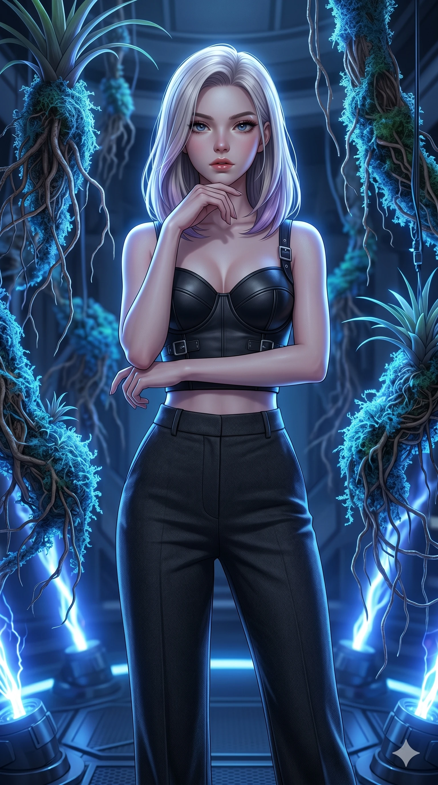 score_9, masterpiece, best quality, ultra-detailed, high-budget anime keyframe, editorial fashion photography, tasteful artistic composition, Caucasian woman, strictly human ears. cowboy shot from the thighs up, character and outfit filling the frame for maximum editorial presence. Resting her chin on the backs of her fingers in a confident pose within a zero-gravity botanical chamber with floating root systems wrapped in glowing blue moss. She has an absolutely perfect 8-heads proportion, an exceptionally tall and slender female figure with impossibly long slender legs and an ultra-slim waist. V-shaped jawline, high-bridge nose, intricate jewel-like eyes with depth, thick eyelashes, glossy lips with a natural sheen. wearing a sculpted matte black leather bustier with structured cups and silver buckle details, paired with high-waist charcoal wool trousers with a clean tailored leg. highlighted by pulsing electric blue plasma arc lighting from below, casting dramatic upward shadows. 2k, ultra detail, master piece, 9:16 ratio
