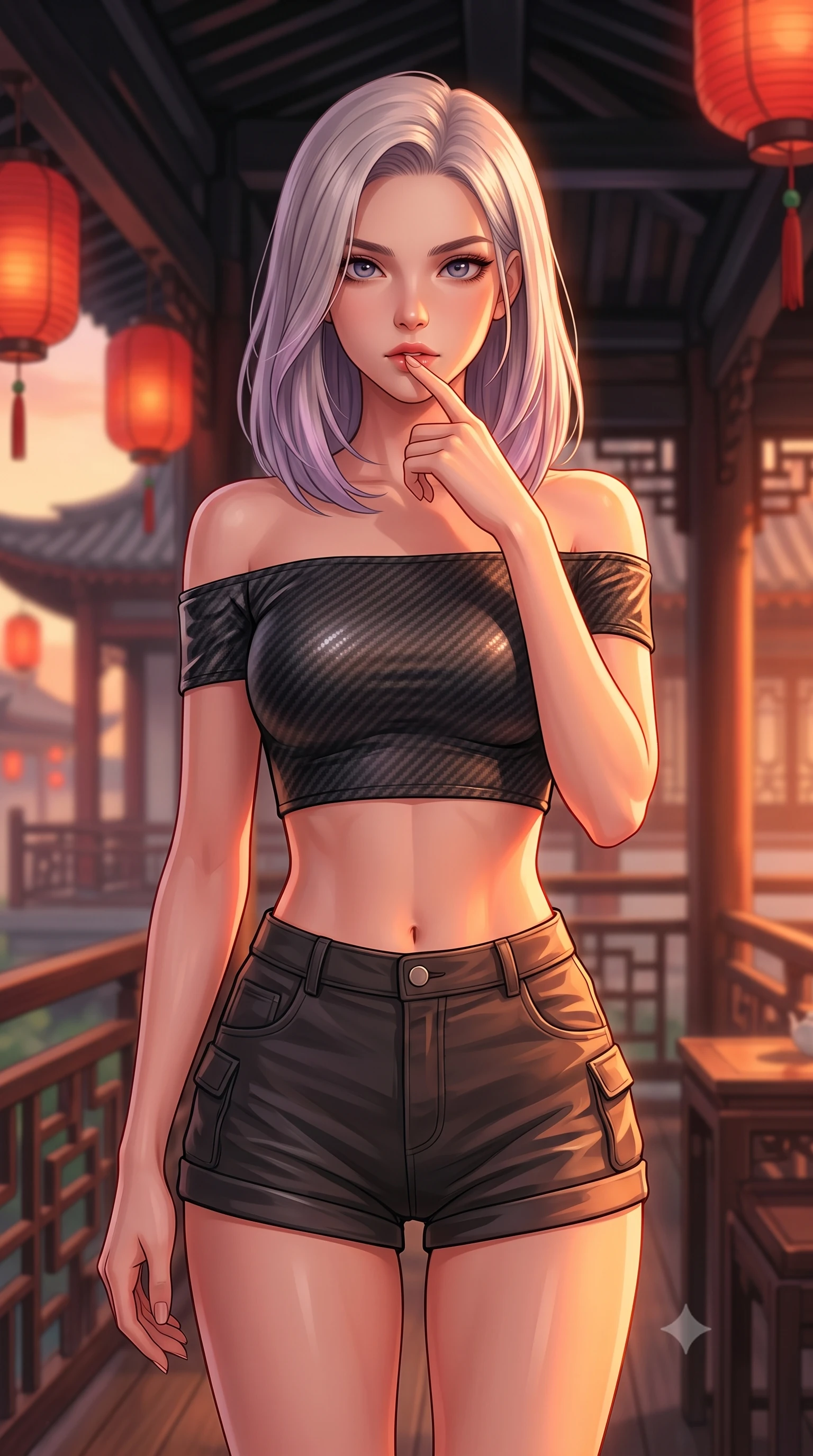 score_9, masterpiece, best quality, ultra-detailed, high-budget anime keyframe, editorial fashion photography, tasteful artistic composition, Caucasian woman. close-up cowboy shot from the waist and thighs up, the character dominates the composition, filling the frame with her large presence, background elements kept in soft focus. pressing one finger to her bottom lip in a thoughtful, composed gesture, locking eyes with the viewer, the background shows a soft-focus a tea pavilion balcony with red lanterns hanging from carbon beams. She has an exceptionally elegant, slender, and willowy female figure with an ultra-slim waist, a gracefully sculpted slender torso, and a refined silhouette. sharp v-shaped jawline, high-bridge nose, intricate jewel-like eyes with depth, thick eyelashes, glossy lips with a natural sheen. wearing a form-contouring chic off-shoulder carbon-plate crop top, paired with high-waisted utility micro-shorts. warm sunset light casting a peaceful, cozy orange wash on her figure. highly saturated vibrant anime colors, detailed shading with soft gradients, rich glossy textures, high-contrast stereoscopic depth, volumetric dynamic lighting, master piece, 9:16 ratio