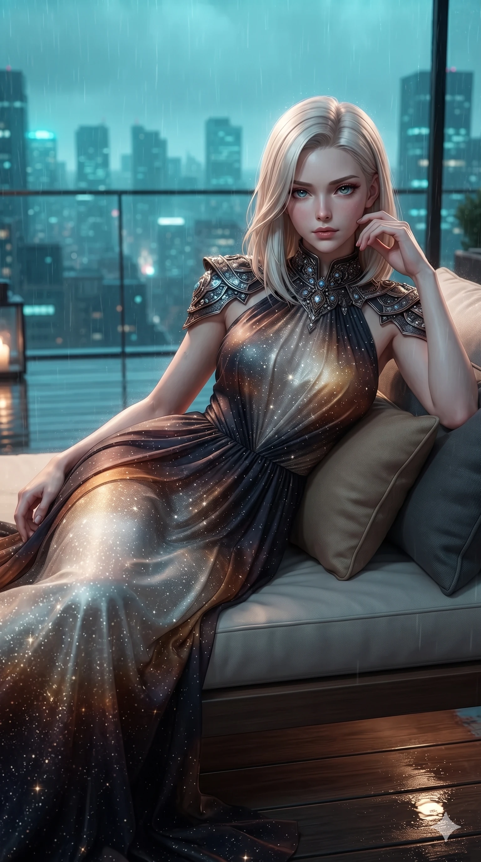 score_9, masterpiece, best quality, ultra-detailed, high-budget anime keyframe, editorial fashion photography, tasteful artistic composition, Caucasian woman. close-up cowboy shot from the waist and thighs up, the character dominates the composition, filling the frame with her large presence. resting both hands lightly behind her neck with elbows raised, arching her spine to highlight her narrow waist, flat midriff, and breathtaking collarbones while reclining gracefully on the outdoor heated daybed with legs extended, displaying her long slender limbs and statuesque hourglass silhouette against the rainy skyline. The surrounding environment is rendered in vivid detail and crisp panoramic clarity: detailed outfit tailoring, form-fitting bodycon lines, and luxury penthouse architecture in razor-sharp precision. She has an exceptionally elegant, slender, and willowy female figure with an ultra-slim waist, flat toned midriff, narrow ribcage, and sculpted feminine hips creating an alluring, slim hourglass silhouette without bulk. sharp v-shaped jawline, high-bridge nose, intricate jewel-like sparkling eyes with depth, thick eyelashes, glossy parted lips with a natural peach sheen, bright cheerful beaming smile with an enchanting and coquettish sensual glint, exuding both youthful cute charm and seductive allure, flawlessly proportioned anatomical accuracy, strict slender model proportions, natural body alignment, perfectly sculpted long slender limbs, ultra-slim waistline, clean dynamic posture without body distortion. wearing an elegant high-neck silk georgette diplomatic gown with structured geometric shoulder plates and pleated A-line skirt in cosmic eclipse amber and starlight diamond, tailored from high-density tech-wool with subtle metallic thread weave, complemented by sheer opera-length evening gloves tracing her slender arms, the impeccably tailored cut draping gracefully along her slender figure with aristocratic poise. illuminated by wet floor reflection bounce and sharp rain-cyan rim lights sculpting her razor-sharp jawline, narrow waist, and curvy hips. ultra-reflective glossy finish, specular highlights, rich textural contrasts, high-contrast stereoscopic depth, volumetric dynamic lighting, 2k, ultra detail, master piece, 9:16 ratio