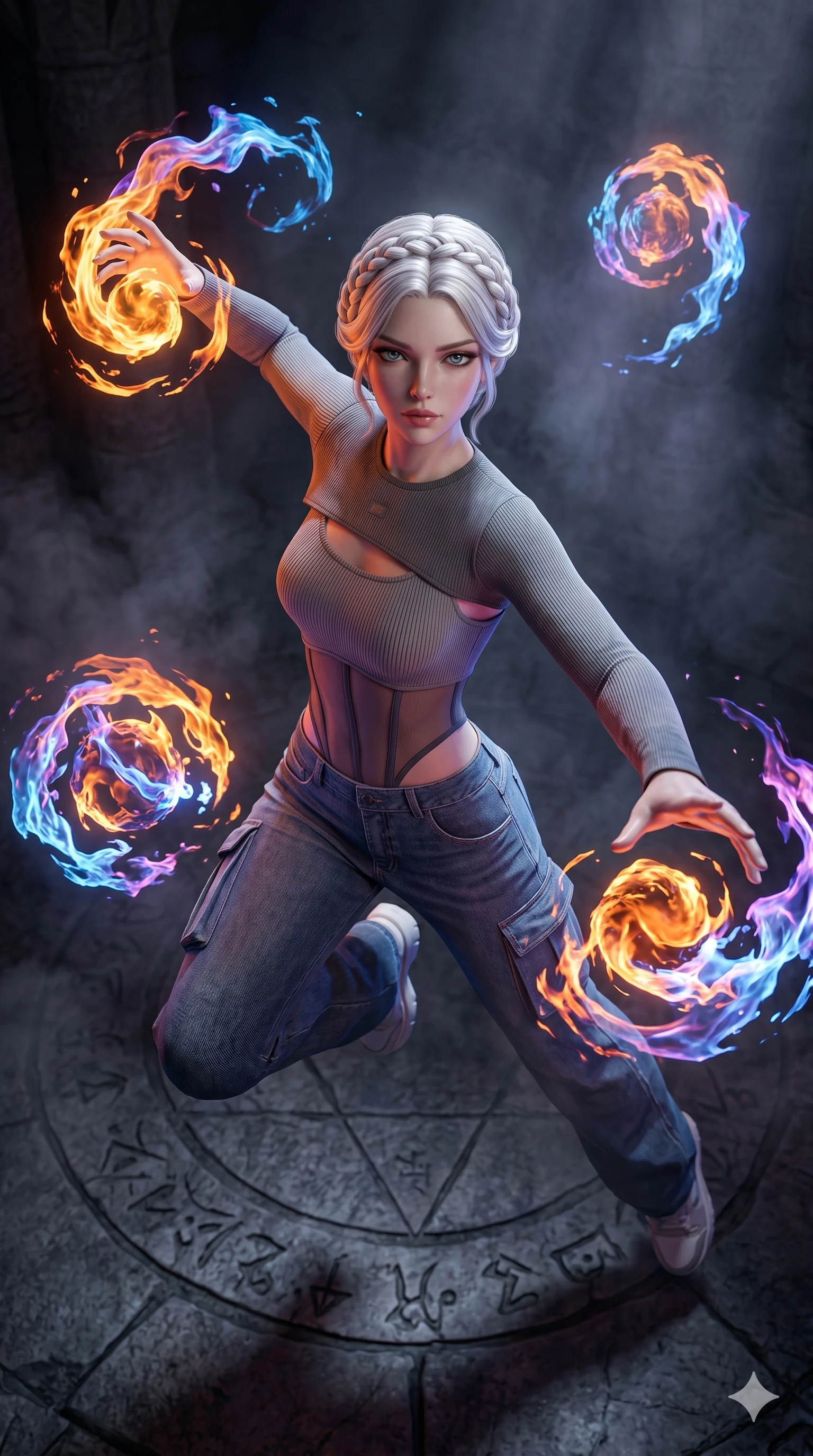 score_9, masterpiece, best quality, ultra-detailed, photorealistic 8k CG, hyper-detailed textures, ray-tracing, Caucasian (strictly human ears) woman. Extreme high angle shot as she leaps towards the camera, filling the frame. manipulating floating orbs of liquid fire in a dark ritual chamber. She has an absolutely perfect 8-heads proportion, an exceptionally tall and slender female figure with an ultra-slim waist and impossibly long slender legs. strictly human anatomy, two legs only, no extra limbs, clearly defined legs and arms, perfect anatomy, perfect hands and fingers. sharp v-shaped jawline, high-bridge nose, intricate jewel-like eyes, thick eyelashes, glossy lips. Wearing Urban Trendsetter: Ribbed bodycon dress, crop top with high-waist denim, and sheer corset with cargo pants. The scene is illuminated by dramatic atmospheric lighting and vibrant color palettes. , 2k, ultra detail, master piece, 9:16 ratio
