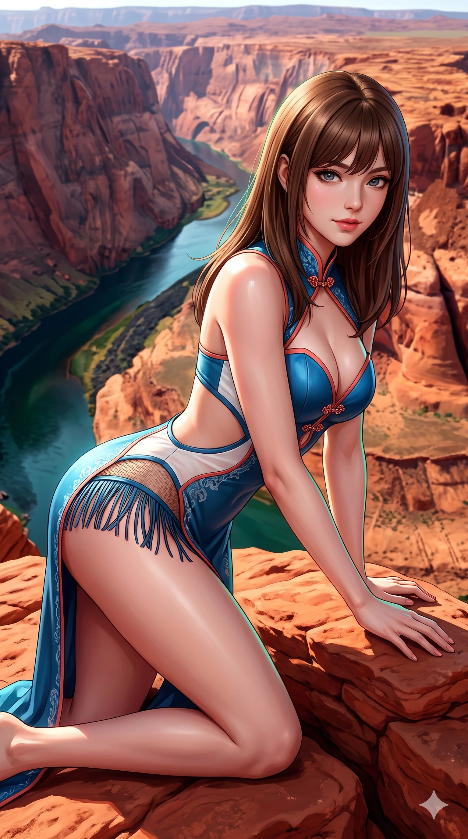 score_9, masterpiece, best quality, ultra-detailed, high-budget anime keyframe, semi-realistic 3D game render, editorial fashion photography, tasteful artistic composition, Korean woman. close-up cowboy shot from the waist and thighs up, the character dominates the composition, filling the frame with her large presence. leaning forward while arching her lower back to accentuate her curvy hips, looking into the camera with an intoxicating smoldering gaze and bedroom-eyes while kneeling gracefully on the warm red sandstone outcrop, one hand resting on the stone while gazing down into the emerald canyon waters with alluring bedroom-eyes. The surrounding environment is rendered in vivid detail and crisp panoramic clarity: detailed high-slit wrap cheongsam tailoring, jeweled clasp closures, and monumental canyon precipice in razor-sharp clarity. She has an exceptionally elegant, slender, and willowy female figure with an ultra-slim waist, flat toned midriff, narrow ribcage, and sculpted feminine hips creating an alluring, slim hourglass silhouette without bulk. sharp v-shaped jawline, high-bridge nose, sparkling eyes with hypnotic seductive depth, thick curled eyelashes, glossy parted lips with a natural dewy peach sheen, alluring bedroom-eyes with an enchanting coquettish smile, exuding magnetic siren charisma and sophisticated glamour, flawlessly proportioned anatomical accuracy, strict slender model proportions, natural body alignment, perfectly sculpted long slender limbs, ultra-slim waistline, clean dynamic posture without body distortion. wearing a plunging sweetheart neckline leatherette bustier with side-waist diamond cutouts contouring her ribcage in Mediterranean cerulean blue and optic white with coral trims, featuring strategic sheer-illusion micro-mesh cutouts along her ribcage and hip flanks, finished with a delicate leather fringe trim fluttering along her hip line with kinetic charm, the liquid-tight tailored fabric clinging flawlessly to her narrow waist and rounded feminine hips, emphasizing every millimeter of her sculpted slim hourglass curves without any bulky heaviness. illuminated by red rock canyon bounce and sharp emerald-terracotta rim lights sculpting her razor-sharp jawline, narrow waist, and curvy hips. highly saturated vibrant anime colors, detailed shading with soft gradients, rich glossy textures, high-contrast stereoscopic depth, volumetric dynamic lighting, master piece, 9:16 ratio