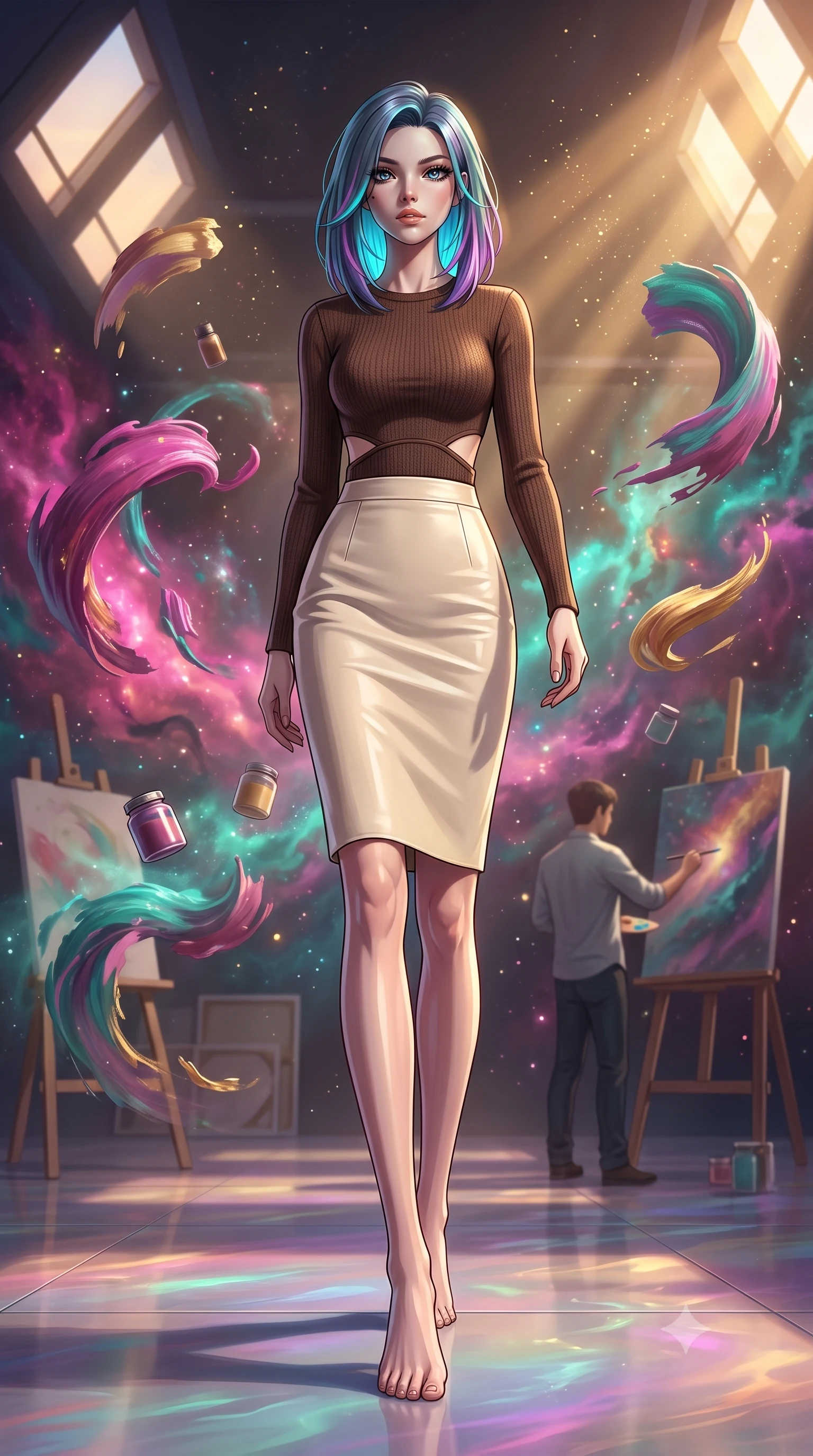 score_9, masterpiece, best quality, ultra-detailed, high-budget anime keyframe, editorial fashion photography, tasteful artistic composition, Caucasian woman, strictly human ears. low angle full-body shot from head to toe showing her feet, filling the entire 9:16 vertical frame with her statuesque presence, stretching her vertical silhouette. stepping elegantly through a cosmic art studio where the artist paints with actual nebula gases swirling colors of magenta teal and gold in three-dimensional space each brushstroke remaining suspended as a luminous volumetric sculpture. She has a statuesque 8.5-heads proportion, an exceptionally tall, slender and willowy model-like build with impossibly long legs and a highly sculpted ultra-slim waist. sharp v-shaped jawline, high-bridge nose, intricate jewel-like eyes with depth, thick eyelashes, glossy lips with a natural sheen. wearing a chocolate brown knit top with a subtle waist-cutout detailing, paired with a cream leather pencil skirt. golden hour sunlight streaming in warm shafts with floating dust particles catching the light. 2k, ultra detail, master piece, 9:16 ratio