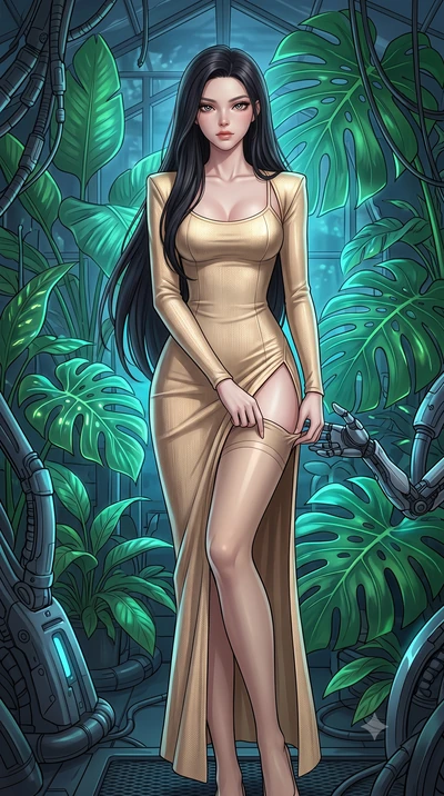 score_9, masterpiece, best quality, ultra-detailed, High-budget Anime Keyframe, East Asian woman. Dynamic full-body shot stretching the vertical silhouette to the limit. Scenario 400: adjusting her thigh-high stocking near a cybernetic greenhouse fil
