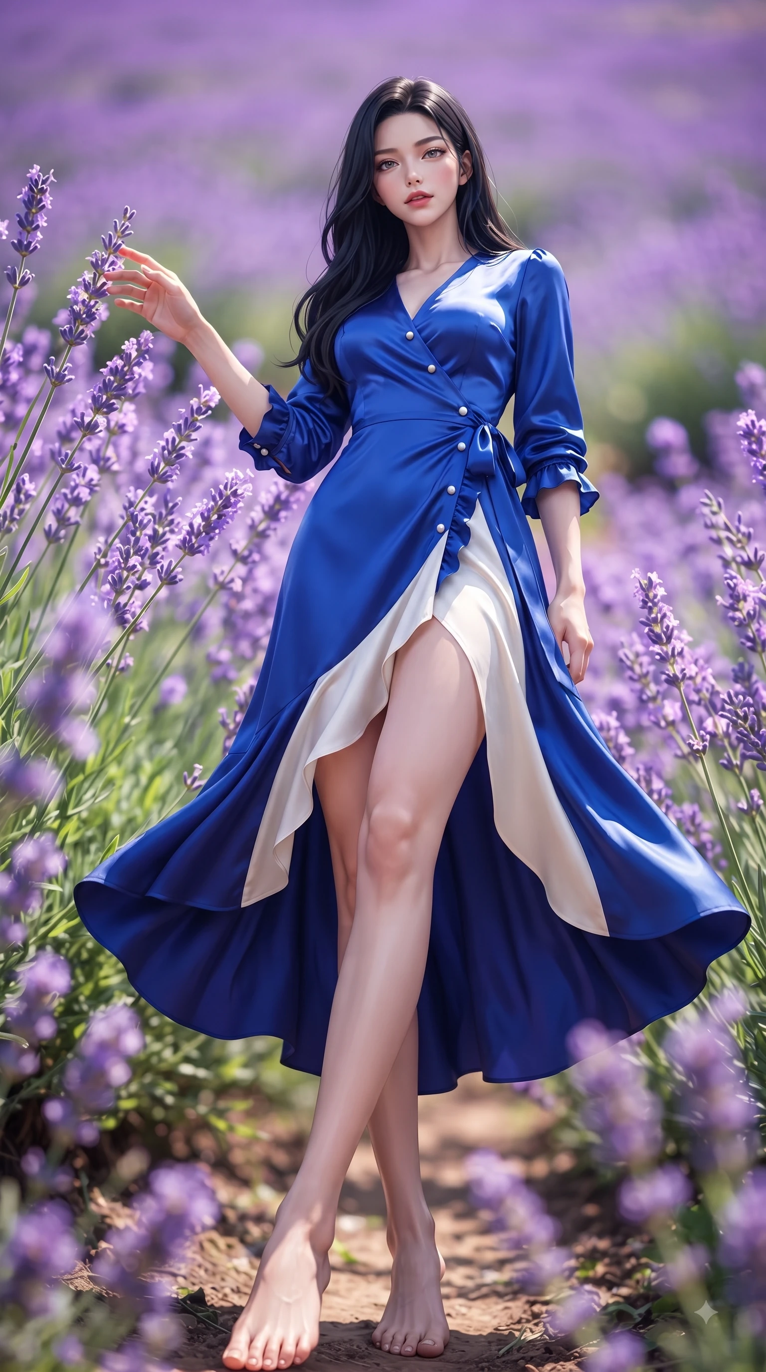 score_9, masterpiece, best quality, ultra-detailed, high-budget anime keyframe, editorial fashion photography, tasteful artistic composition, Korean woman. low angle full-body shot from head to toe showing her feet, filling the entire 9:16 vertical frame with her statuesque presence, stretching her vertical silhouette. Radiant anticipation in her face, glowing with hopeful curiosity and warm expectant energy while reaching out softly to touch flowering lavender stalks while looking into the camera lens. The composition keeps background elements in soft focus with dreamy bokeh. vibrant floral fields blurring into a romantic, painting-like background backdrop. She has an absolutely perfect, statuesque 8.5-heads proportion, an exceptionally tall and slender model-like female figure with impossibly long slender legs and an ultra-slim waist. sharp v-shaped jawline, high-bridge nose, intricate jewel-like eyes with depth, thick eyelashes, glossy lips with a natural sheen, flawlessly proportioned anatomical accuracy, natural body alignment, perfectly sculpted elegant limbs, clean dynamic posture without body distortion. wearing an electric cobalt blue silk wrap dress with a graceful flowing hem in royal navy blue and pure ivory, crafted from smooth liquid silk satin, accented with delicate pearl buttons and refined ruffle trims, the sleek second-skin fit accentuating her magnetic presence. surrounded by a romantic, dreamy, and painterly nature editorial atmosphere. ultra-reflective glossy finish, specular highlights, metallic sheen, high-contrast stereoscopic depth, volumetric dynamic lighting, 2k, ultra detail, master piece, 9:16 ratio