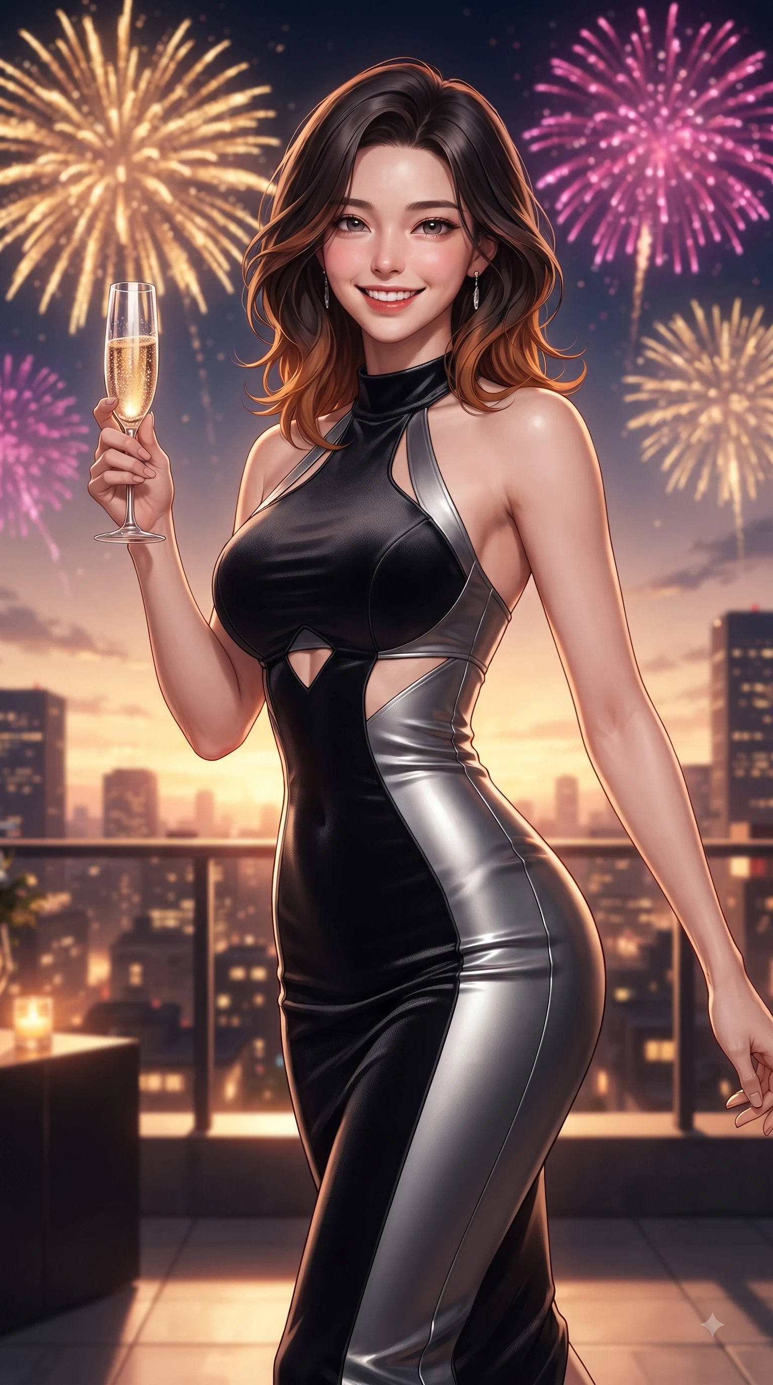 score_9, masterpiece, best quality, ultra-detailed, high-budget anime keyframe, editorial fashion photography, tasteful artistic composition, Korean woman. close-up cowboy shot from the waist and thighs up, the character dominates the composition, filling the frame with her large presence, background elements kept in soft focus. Gazing directly into the camera with a joyful, infectious smile as her torso curves dynamically in mid-stride while raising a crystal glass with a radiant bright smile during a sunset rooftop celebration, spectacular golden and magenta fireworks bursting in the background night skyline. She has an exceptionally elegant, slender, and willowy female figure with an ultra-slim waist, a gracefully sculpted slender torso, and a refined silhouette. sharp v-shaped jawline, high-bridge nose, intricate jewel-like eyes with depth, thick eyelashes, glossy lips with a natural sheen, flawlessly proportioned anatomical accuracy, natural body alignment, perfectly sculpted elegant limbs, clean dynamic posture without body distortion. wearing a velvet halter-neck midi dress following her form like a glove in matte black and polished silver, formed from sleek second-skin neoprene, featuring subtle geometric cutouts that highlight her ultra-slim midriff, the tailored fabric tightly following every curve of her athletic build. bathed in festive firework explosions and warm amber fairy light radiance. ultra-reflective glossy finish, specular highlights, metallic sheen, high-contrast stereoscopic depth, volumetric dynamic lighting, 2k, ultra detail, master piece, 9:16 ratio