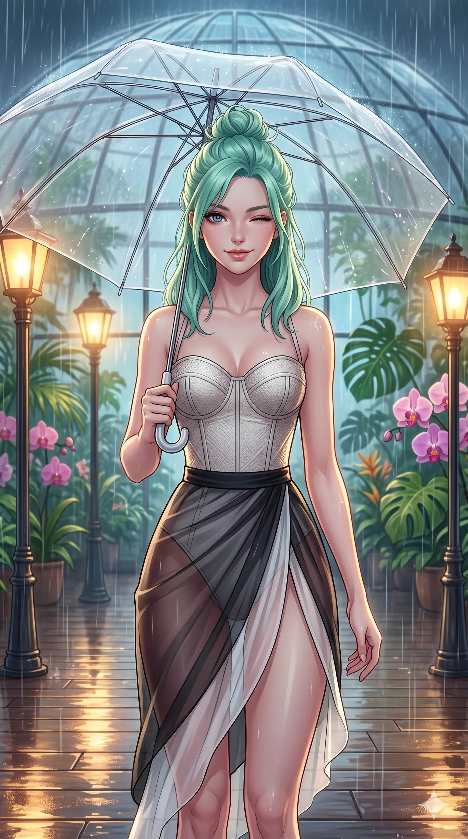 score_9, masterpiece, best quality, ultra-detailed, high-budget anime keyframe, vibrant anime aesthetic, Japanese woman. close-up cowboy shot from the waist and thighs up, the character dominates the composition, filling the frame with her large presence, background elements kept in soft focus. She is standing under a clear umbrella, winking playfully with a delightful smile, looking directly into the lens with a relaxed and elegant posture. the background shows a soft-focus glass greenhouse dome filled with tropical monstera and orchids, with heavy rain pouring outside on the glass panels (Code-P22-121). She has an absolutely perfect proportion, an exceptionally elegant and slender female figure with an ultra-slim waist. V-shaped jawline, high-bridge nose, intricate jewel-like eyes with depth, thick eyelashes, glossy lips with a natural sheen. wearing a structured textured bodice with a sweetheart neckline and a translucent chiffon wrap skirt in black and white couture. She is illuminated by warm gaslight street lamps, casting soft reflections on wet pavements, outlining her elegant silhouette on the outdoor wooden terrace. 2k, ultra detail, master piece, 9:16 ratio