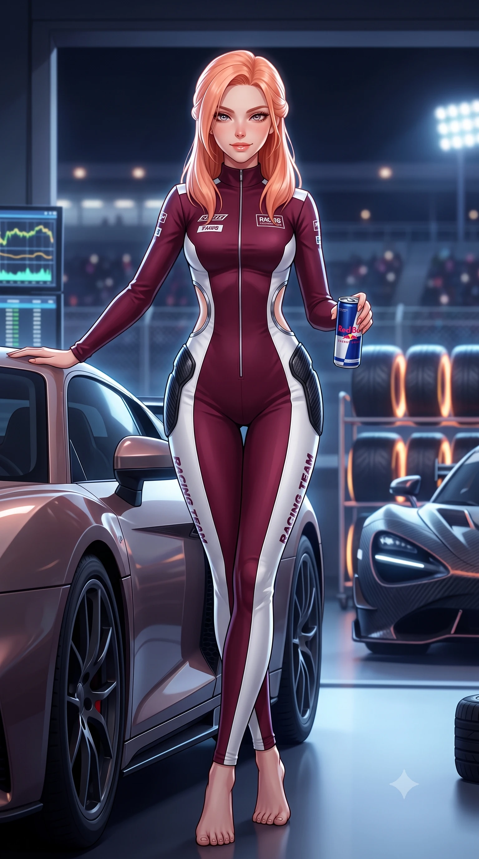 score_9, masterpiece, best quality, ultra-detailed, high-budget anime keyframe, semi-realistic 3D game render, editorial fashion photography, tasteful artistic composition, Japanese woman. low angle full-body shot from head to toe showing her feet, filling the entire 9:16 vertical frame with her statuesque presence, stretching her vertical silhouette. standing in a tall, confident posture with one hand on the sports car roof, stretching her statuesque body as she arches her lower back to emphasize her sculpted feminine hips and slender waist while lounging in the private air-conditioned paddock suite with legs crossed, holding a chilled energy drink while flashing a dangerous, playful half-smile. The background shows a soft-focus glowing tire warming racks and high-speed carbon fiber cars softened in thrilling night-race shallow focus. She has an absolutely perfect, statuesque 8.5-heads proportion, an exceptionally tall and slender model-like female figure with impossibly long slender legs, an ultra-slim waist, a flat toned midriff, narrow delicate ribcage, and beautifully sculpted feminine hips creating a graceful, slim hourglass silhouette without any bulky heaviness. sharp v-shaped jawline, high-bridge nose, sparkling eyes with athletic focus and depth, thick curled eyelashes, glossy parted lips with a natural coral-peach sheen, bright confident and coquettish smile with alluring bedroom-eyes, exuding both youthful sporty vigor and sovereign high-society glamour, flawlessly proportioned anatomical accuracy, strict slender model proportions, natural body alignment, perfectly sculpted long slender limbs, ultra-slim waistline, clean dynamic posture without body distortion. wearing a second-skin compression stretch racing catsuit with racing team sponsor graphics and sculpted carbon hip guards in rich burgundy wine and crisp court white, tailored from crisp cotton poplin with clean aerodynamic structural lines, finished with sharp laser-cut side ventilation cutouts framed by chrome rings, the liquid-tight tailored fabric clinging flawlessly to her narrow waist and rounded feminine hips, emphasizing every millimeter of her sculpted slim hourglass curves without any bulky heaviness. illuminated by telemetry screen bounce and sharp platinum rim lights carving her razor-sharp jawline, narrow waist, and curvy hips. highly saturated vibrant anime colors, detailed shading with soft gradients, rich glossy textures, high-contrast stereoscopic depth, volumetric dynamic lighting, master piece, 9:16 ratio