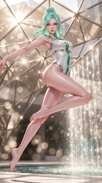 score_9, masterpiece, best quality, ultra-detailed, high-budget anime keyframe, editorial fashion photography, tasteful artistic composition, Japanese woman. low angle full-body shot from head to toe showing her feet, filling the entire 9:16 vertical