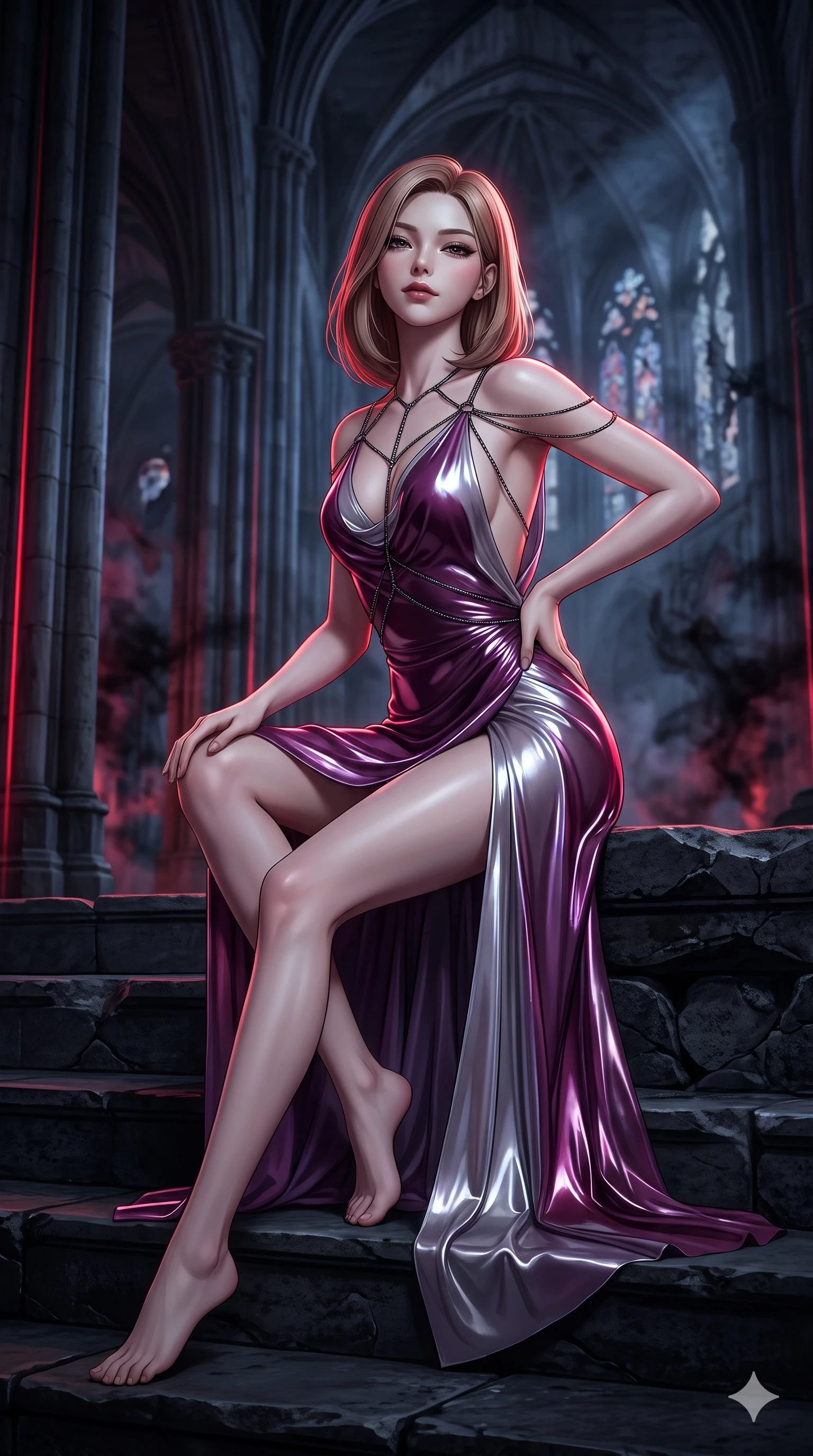 score_9, masterpiece, best quality, ultra-detailed, high-budget anime keyframe, semi-realistic 3D game render, editorial fashion photography, tasteful artistic composition, Korean woman. low angle full-body shot from head to toe showing her feet, filling the entire 9:16 vertical frame with her statuesque presence, stretching her vertical silhouette. sitting poised on the dark stone steps with one knee bent, arching her spine with supermodel elegance as she glances upward through thick eyelashes while holding a confident power pose with one hand on her hip beside the soaring stone nave pillars, looking into the lens with dangerous intensity. The background shows a soft-focus soaring gothic rib vaults, shattered stained-glass tracery, and drifting black incense smoke plumes blurred into crimson, cobalt, and slate bokeh. She has an absolutely perfect, statuesque 8.5-heads proportion, an exceptionally tall and slender model-like female figure with impossibly long slender legs, an ultra-slim waist, a flat toned midriff, narrow delicate ribcage, and beautifully sculpted feminine hips creating a graceful, slim hourglass silhouette without any bulky heaviness. sharp v-shaped jawline, high-bridge nose, intricate jewel-like dark sparkling eyes with hypnotic seductive depth, thick curled eyelashes, glossy parted lips with a natural wine sheen, alluring bedroom-eyes with an enigmatic smoldering smile, exuding magnetic sovereign charisma and dark avant-garde glamour, flawlessly proportioned anatomical accuracy, strict slender model proportions, natural body alignment, perfectly sculpted long slender limbs, ultra-slim waistline, clean dynamic posture without body distortion. wearing a form-contouring gossamer silk chiffon slip dress with hip-high slit and open cowl back clinging with mist in royal amaranth purple and liquid platinum, crafted from wet-look high-gloss vinyl fabric with dazzling specular surface reflections, accented with a dark metallic body chain harness subtly framing her dewy collarbones and spine, the high-slit wrap tailoring accentuating her ultra-slim waistline and the enchanting curve of her feminine hips with alluring seductive charm. bathed in sharp crimson laser rim light piercing cold midnight shadows and incense smoke. highly saturated vibrant anime colors, detailed shading with soft gradients, rich glossy textures, high-contrast stereoscopic depth, volumetric dynamic lighting, master piece, 9:16 ratio