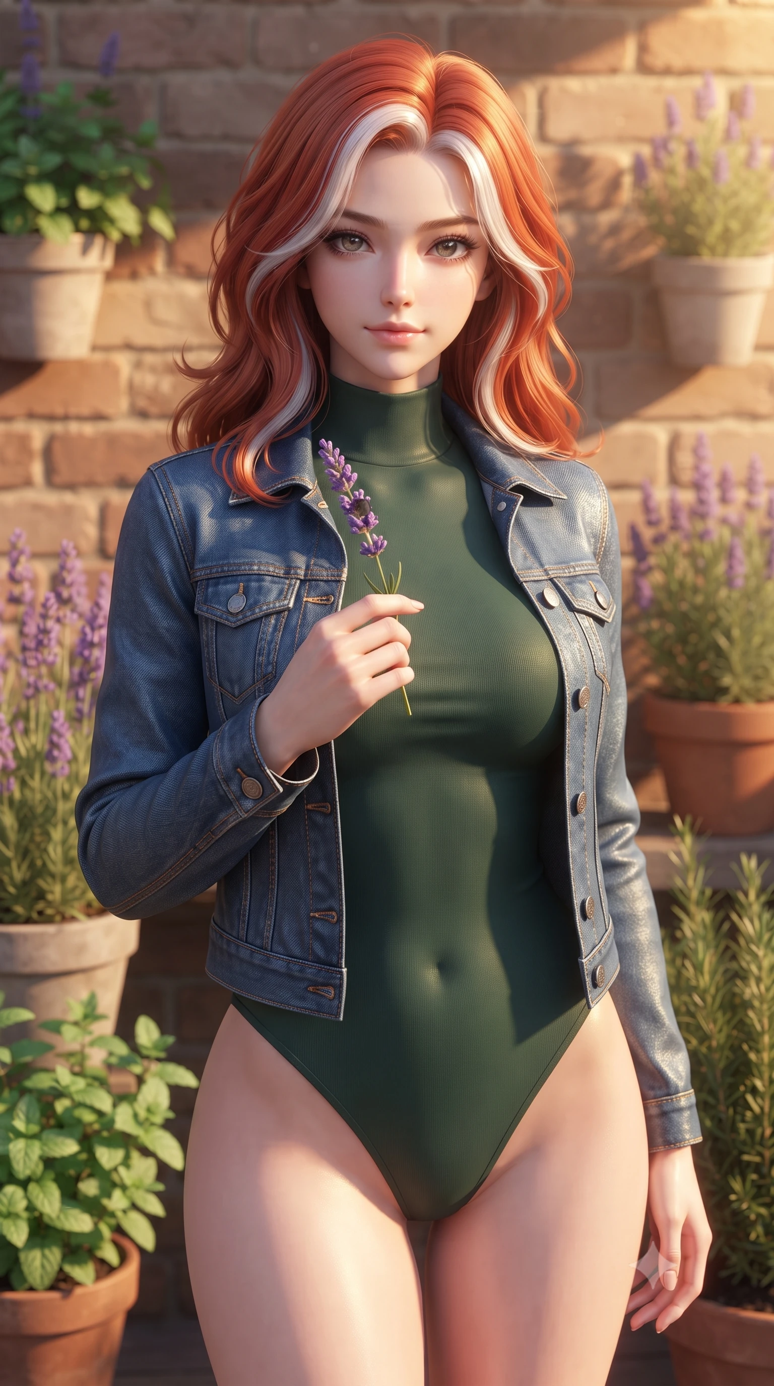 score_9, masterpiece, best quality, ultra-detailed, high-budget anime keyframe, editorial fashion photography, tasteful artistic composition, Caucasian woman woman. close-up cowboy shot from the waist and thighs up, the character dominates the composition, filling the frame with her large presence, background elements kept in soft focus. gazing directly at the viewer with a calm and welcoming expression, holding a fresh flower the background shows a soft-focus a small brick-walled garden filled with fresh lavender, mint, and rosemary pots. She has an exceptionally elegant, slender, and willowy female figure with an ultra-slim waist, a gracefully sculpted slender torso, and a refined silhouette. sharp v-shaped jawline, high-bridge nose, intricate jewel-like eyes with depth, thick eyelashes, glossy lips with a natural sheen. wearing a form-contouring form-contouring high-neck bodysuit in dark green, worn under a tailored open denim jacket. warm late afternoon sun casting long, gentle shadows on the brick wall. ultra-reflective glossy finish, specular highlights, metallic sheen, high-contrast stereoscopic depth, volumetric dynamic lighting, 2k, ultra detail, master piece, 9:16 ratio