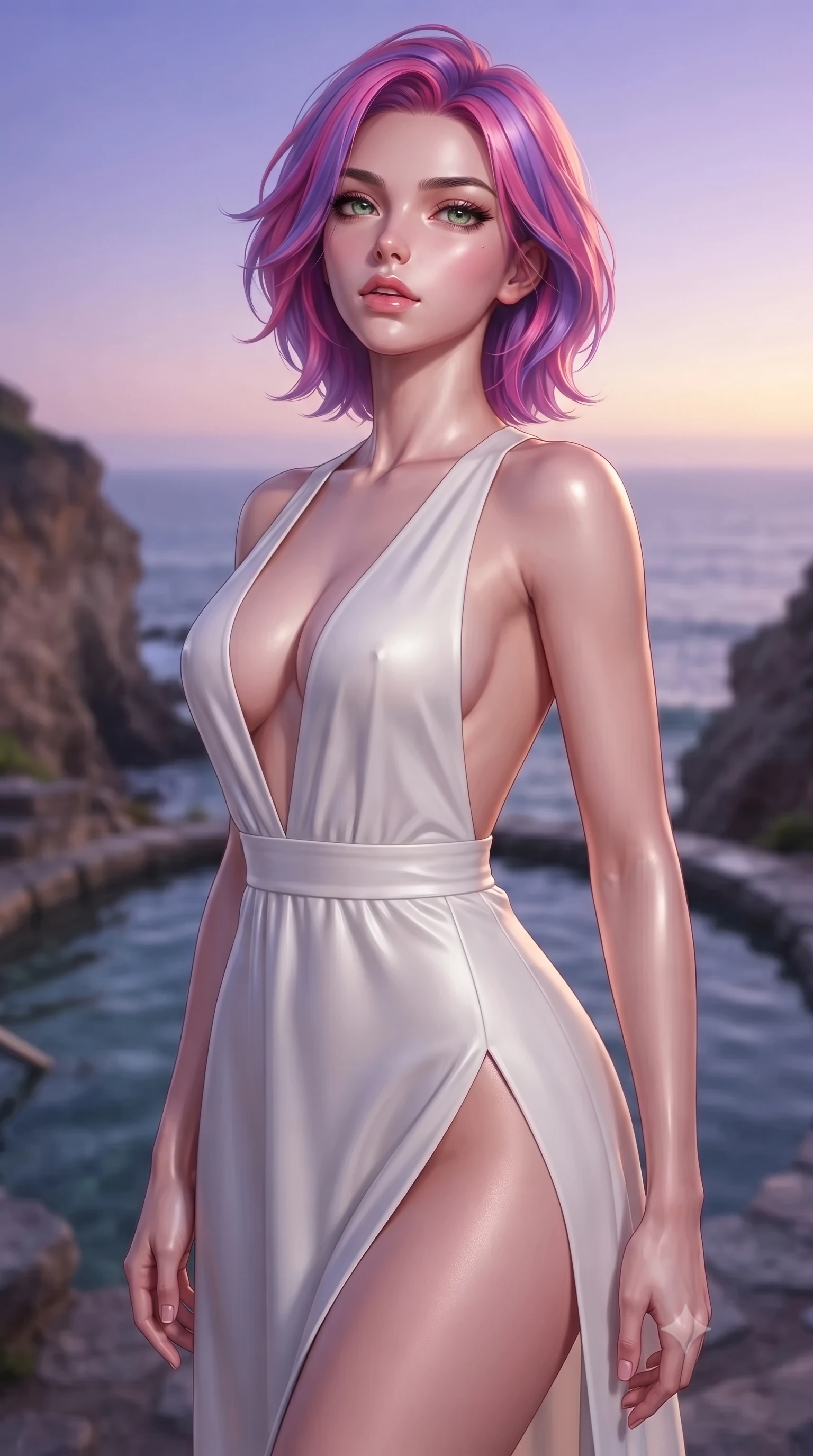 score_9, masterpiece, best quality, ultra-detailed, high-budget anime keyframe, editorial fashion photography, tasteful artistic composition, Caucasian woman woman. close-up cowboy shot from the waist and thighs up, the character dominates the composition, filling the frame with her large presence, background elements kept in soft focus. tilting her chin up slightly with lips parted in a composed, provocative expression the background shows a soft-focus a natural stone spring pool tucked away in a coastal canyon overlooking the ocean. She has an exceptionally elegant, slender, and willowy female figure with an ultra-slim waist, a gracefully sculpted slender torso, and a refined silhouette. sharp v-shaped jawline, high-bridge nose, intricate jewel-like eyes with depth, thick eyelashes, glossy lips with a natural sheen. wearing a tailored high-slit resort dress in white cotton featuring a plunging neckline and open back. soft diffused twilight sky gradient of violet and amber. ultra-reflective glossy finish, specular highlights, metallic sheen, high-contrast stereoscopic depth, volumetric dynamic lighting, 2k, ultra detail, master piece, 9:16 ratio
