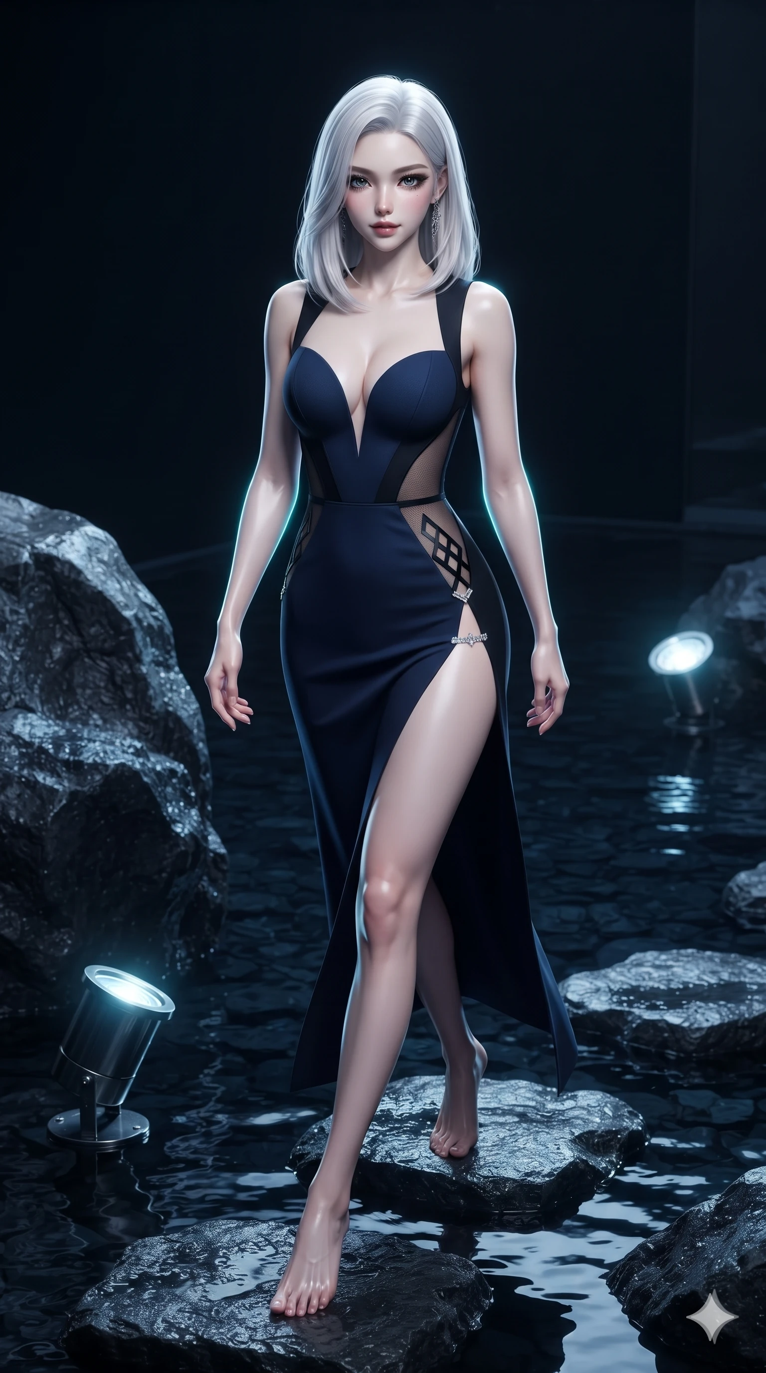 score_9, masterpiece, best quality, ultra-detailed, high-budget anime keyframe, editorial fashion photography, tasteful artistic composition, Korean woman. low angle full-body shot from head to toe showing her feet, filling the entire 9:16 vertical frame with her statuesque presence, stretching her vertical silhouette. navigating the midnight sanctuary with an effortless, graceful stride, hips swaying in an alluring sensual rhythm while stepping gracefully from stone to stone across the midnight water garden, hips swaying in an alluring sensual rhythm. The surrounding environment is rendered in vivid detail and crisp panoramic clarity: sharp wet basalt rock grain, submerged stainless steel light housings, and pristine water surface reflections in deep focus. She has an absolutely perfect, statuesque 8.5-heads proportion, an exceptionally tall and slender model-like female figure with impossibly long slender legs, an ultra-slim waist, a flat toned midriff, narrow delicate ribcage, and beautifully sculpted feminine hips creating a graceful, slim hourglass silhouette without any bulky heaviness. sharp v-shaped jawline, high-bridge nose, intricate jewel-like dark sparkling eyes with hypnotic seductive depth, thick curled eyelashes, glossy parted lips with a natural wine sheen, alluring bedroom-eyes with an enigmatic smoldering smile, exuding magnetic sovereign charisma and dark avant-garde glamour, flawlessly proportioned anatomical accuracy, strict slender model proportions, natural body alignment, perfectly sculpted long slender limbs, ultra-slim waistline, clean dynamic posture without body distortion. wearing an alluring plunging sweetheart bodice dress with sheer mesh side-waist cutouts contouring her ribs in midnight navy blue and smoky pitch black, adorned with laser-cut diamond side panels revealing teasing glimpses of bare skin, finished with an ultra-high side slit secured by miniature jeweled clasps, the bespoke structured tailoring following the natural line of her 8.5-heads silhouette with refined elegance. illuminated by water reflection upward bounce and sharp electric-cyan rim lights defining her razor-sharp jawline, narrow waist, and curvy hips. ultra-reflective glossy finish, specular highlights, metallic sheen, high-contrast stereoscopic depth, volumetric dynamic lighting, 2k, ultra detail, master piece, 9:16 ratio
