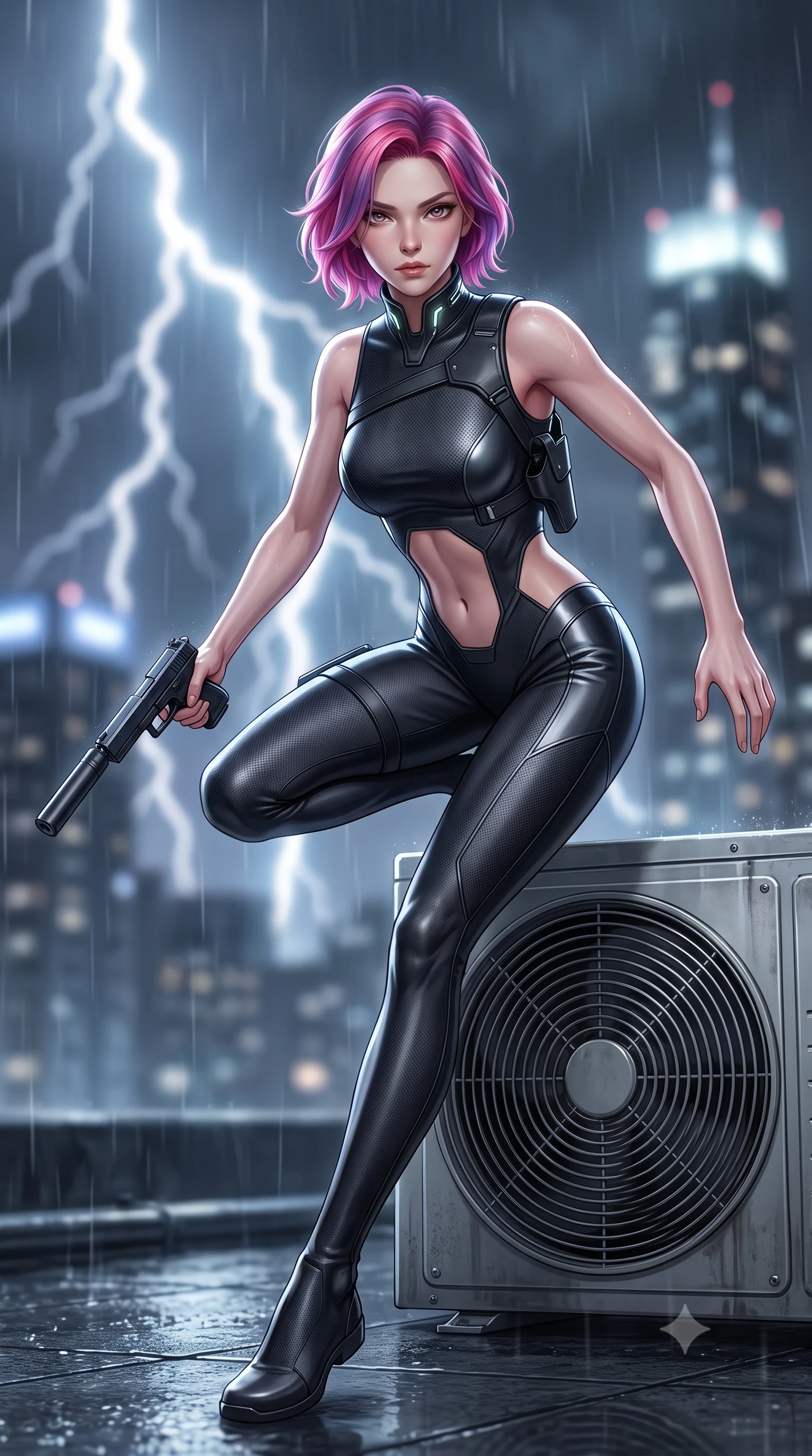 score_9, masterpiece, best quality, ultra-detailed, high-budget anime keyframe, semi-realistic 3D game render, editorial fashion photography, tasteful artistic composition, Caucasian woman. low angle full-body shot from head to toe showing her feet, filling the entire 9:16 vertical frame with her statuesque presence, stretching her vertical silhouette. stepping forward gracefully in mid-motion, displaying her toned flat midriff and flawlessly sculpted slender limbs while drawing her sleek silenced sidearm in a fluid tactical draw while crouching behind an air-conditioning turbine unit. The composition keeps background elements in soft focus with creamy bokeh. violent lightning forks and distant glowing skyscraper crowns blurred into charcoal, slate-blue, and electric white bokeh. She has an absolutely perfect, statuesque 8.5-heads proportion, an exceptionally tall and slender model-like female figure with impossibly long slender legs, a toned flat midriff, and an ultra-slim waist. sharp v-shaped jawline, high-bridge nose, intricate jewel-like eyes with depth, thick eyelashes, glossy lips with a natural sheen, captivating and magnetic expression, flawlessly proportioned anatomical accuracy, strict slender model proportions, natural body alignment, perfectly sculpted long slender limbs, ultra-slim waistline, clean dynamic posture without body distortion. wearing a sharp sleeveless tactical catsuit with an asymmetric shoulder holster and high collar in deep battle-scarred carbon weave and dark chrome, made of ultra-strong woven carbon-fiber composite with satin luster, featuring a high aerodynamic collar framed by subtle glowing cybernetic LEDs, the sleek tailored cut tightly hugging her graceful clavicle, narrow waist, and feminine curves with statuesque precision. surrounded by an indomitable, dangerous, and breathtakingly cinematic lone infiltration specialist aura. highly saturated vibrant anime colors, detailed shading with soft gradients, rich glossy textures, high-contrast stereoscopic depth, volumetric dynamic lighting, master piece, 9:16 ratio