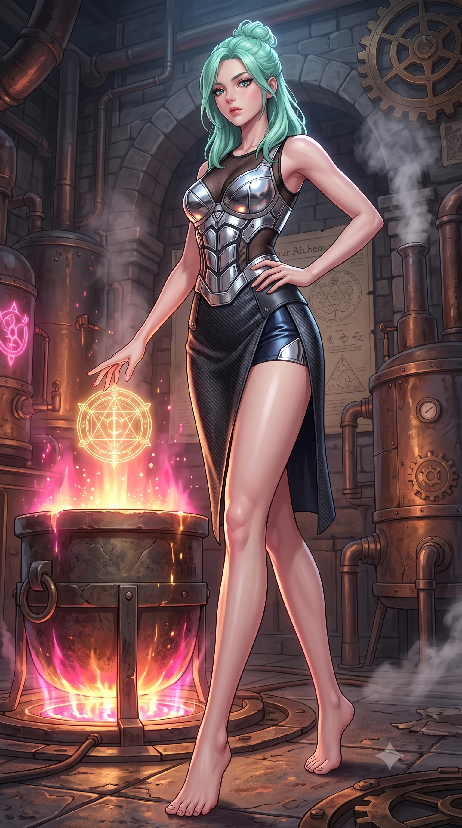 score_9, masterpiece, best quality, ultra-detailed, high-budget anime keyframe, editorial fashion photography, tasteful artistic composition, Japanese woman. low angle full-body shot from head to toe showing her feet, filling the entire 9:16 vertical frame with her statuesque presence, stretching her vertical silhouette. stepping forward in a proud dynamic stride, her vertical silhouette filling the frame with statuesque presence while reaching her hand forward to touch a glowing golden alchemy symbol floating over a crucible, boiling liquid aurora energy radiating intense hot pink and orange light from below. She has an absolutely perfect, statuesque 8.5-heads proportion, an exceptionally tall and slender model-like female figure with impossibly long slender legs and an ultra-slim waist. sharp v-shaped jawline, high-bridge nose, intricate jewel-like eyes with depth, thick eyelashes, glossy lips with a natural sheen, flawlessly proportioned anatomical accuracy, natural body alignment, perfectly sculpted elegant limbs, clean dynamic posture without body distortion. wearing a chrome-plated structured bodice worn over a sheer mesh top and micro-shorts in midnight navy blue and chrome trim, made of fine carbon-fiber weave and soft matte leather, finished with a sleek side slit ascending to mid-thigh, the tailored fabric tightly following every curve of her athletic build. surrounded by a warm, powerful industrial alchemy atmosphere. highly saturated vibrant anime colors, detailed shading with soft gradients, rich glossy textures, high-contrast stereoscopic depth, volumetric dynamic lighting, master piece, 9:16 ratio