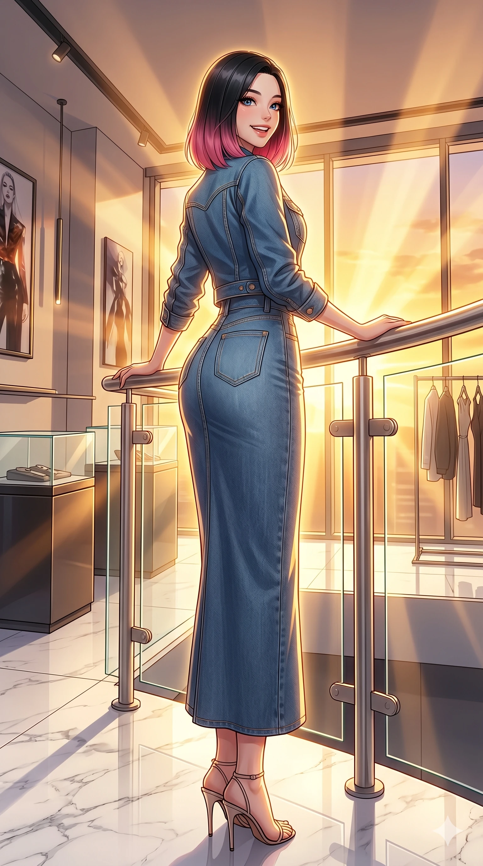 score_9, masterpiece, best quality, ultra-detailed, high-budget anime keyframe, vibrant anime aesthetic, Korean woman. low angle full-body shot from head to toe showing her feet, filling the entire 9:16 vertical frame with her statuesque presence, stretching her vertical silhouette. She is resting her hands on the railing, looking over her shoulder with a happy grin inside a chic designer showroom with polished marble floors and bright sunbeams (Code-P20-020). She has an absolutely perfect 8-heads proportion, an exceptionally tall and slender female figure with impossibly long slender legs and an ultra-slim waist. V-shaped jawline, high-bridge nose, intricate jewel-like eyes with depth, thick eyelashes, glossy lips with a natural sheen. wearing a modern denim set featuring a structured jacket and long skirt. She is glowing with warm sunset light radiating from the horizon, casting a golden aura. 2k, ultra detail, master piece, 9:16 ratio