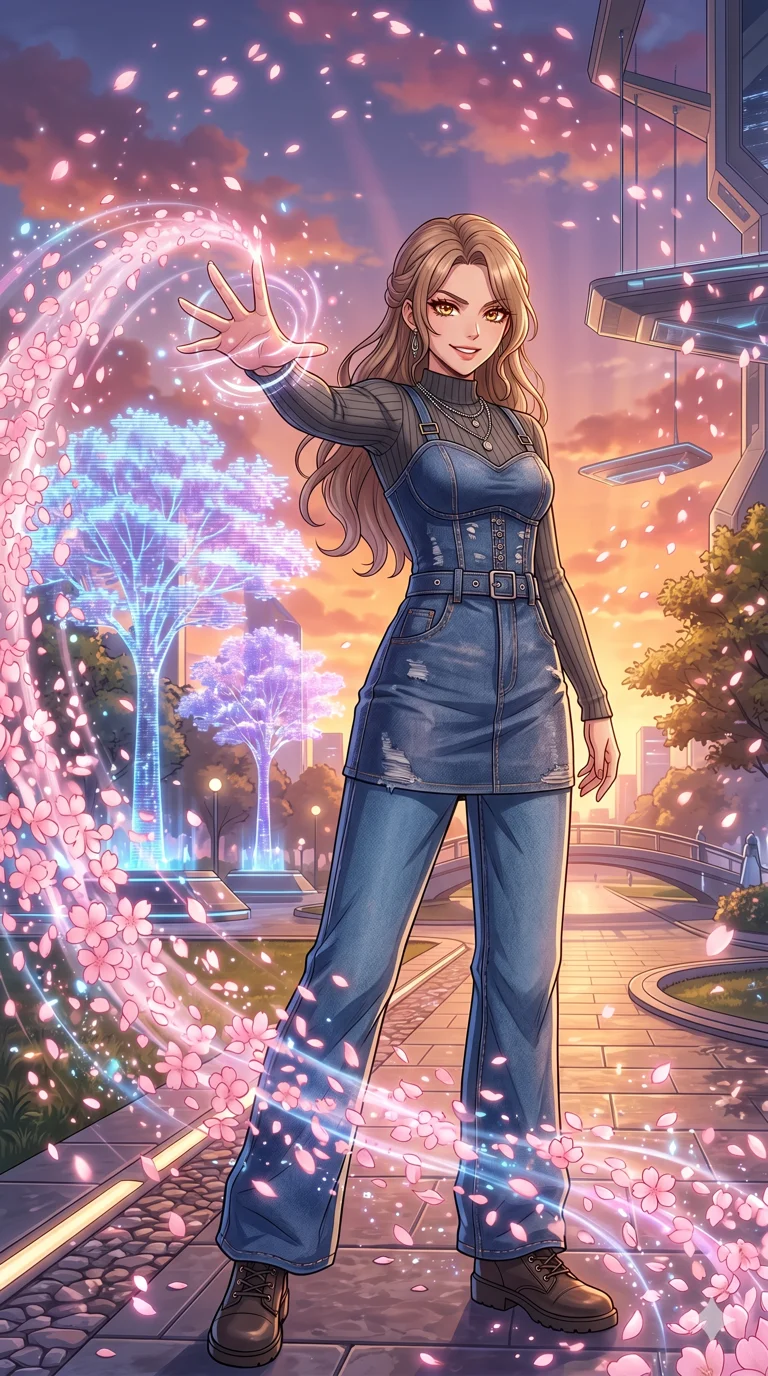 score_9, masterpiece, best quality, ultra-detailed, High-budget Anime Keyframe, beautiful Caucasian anime girl (strictly human ears). Low angle cowboy shot filling the entire 9:16 frame with her statuesque presence. Summoning a wave of pink cherry blossoms in a futuristic park at sunset. She has an absolutely perfect 8-heads proportion, an exceptionally tall and slender female figure with impossibly long slender legs and an ultra-slim waist. Sharp v-shaped jawline, high-bridge nose, intricate jewel-like eyes with depth, thick eyelashes, glossy lips with a natural sheen. Wearing an Urban Trendsetter outfit: deep-cut indigo bodycon dress with high-waist denim and sheer corset overlay. Background is a bright and colorful park with holographic trees and thousands of floating petals. 2k, ultra detail, master piece, 9:16 ratio