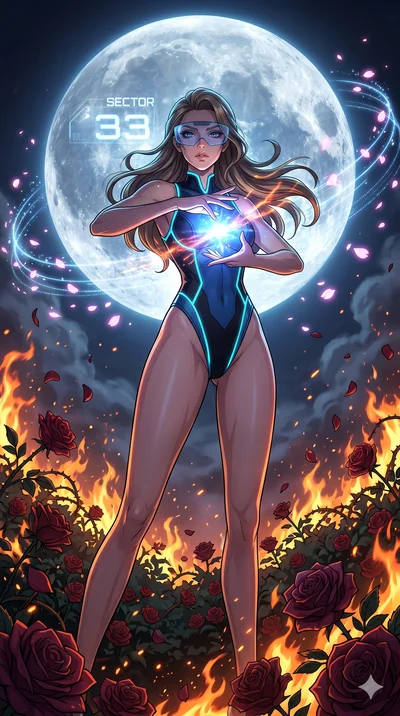 score_9, masterpiece, best quality, ultra-detailed, Set A: High-budget Anime Keyframe, Caucasian (strictly human ears) woman. Low angle cowboy shot filling the entire 9:16 frame with her statuesque presence. Casting a spell through a burning rose gar