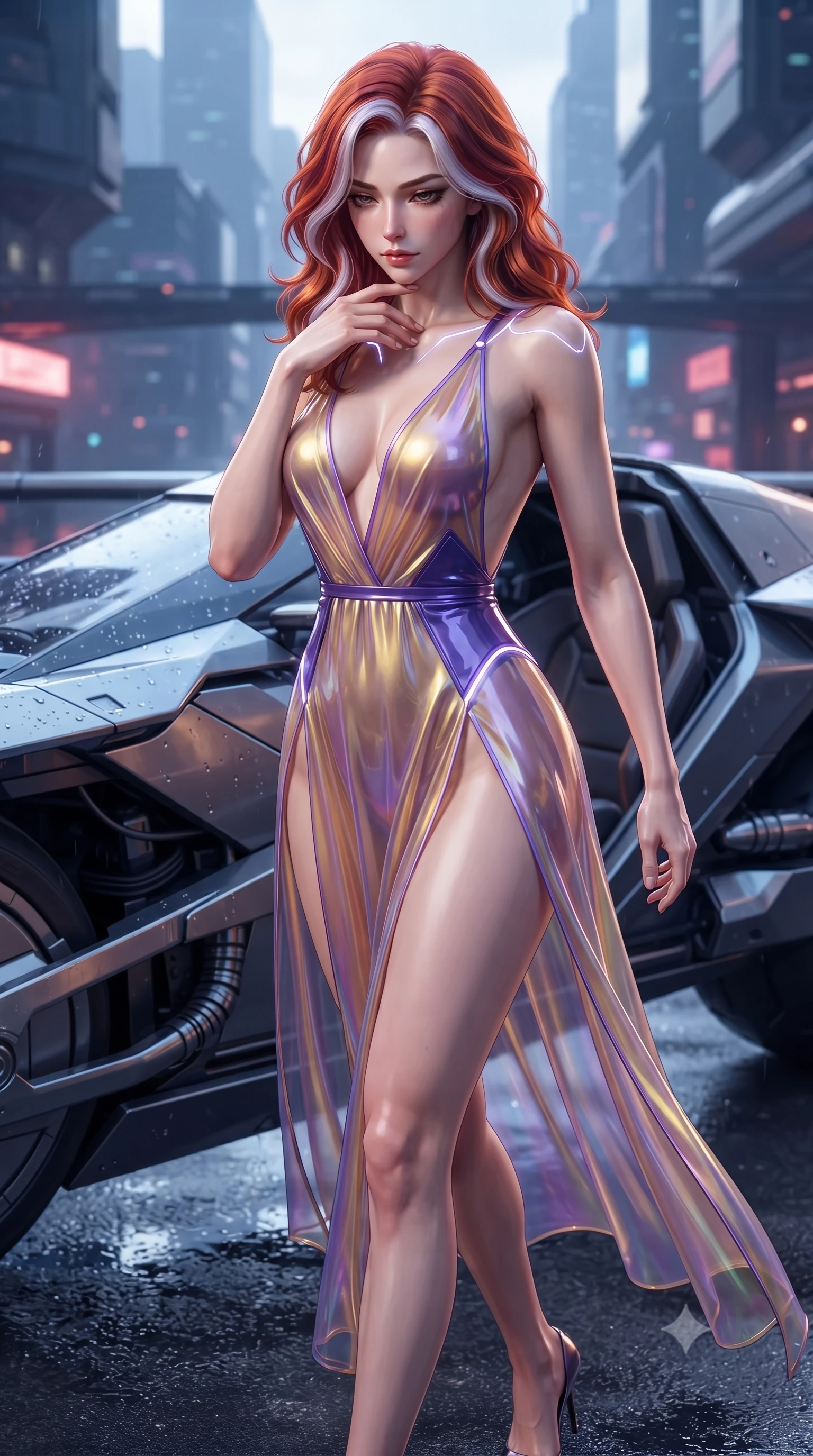 score_9, masterpiece, best quality, ultra-detailed, high-budget anime keyframe, editorial fashion photography, tasteful artistic composition, Caucasian woman. close-up cowboy shot from the waist and thighs up, the character dominates the composition, filling the frame with her large presence. resting her fingers lightly against her throat while looking down with a smoldering, haughty yet intensely captivating glance while stepping gracefully from a futuristic speeder onto wet asphalt with city skyline reflections below. The surrounding environment is rendered in vivid detail and crisp panoramic clarity. high-contrast automotive reflections and sleek modern technological lines captured with environmental sharpness. She has an exceptionally elegant, slender, and willowy female figure with an ultra-slim waist, a gracefully sculpted slender torso, and a refined silhouette. sharp v-shaped jawline, high-bridge nose, intricate jewel-like eyes with depth, thick eyelashes, glossy lips with a natural sheen, flawlessly proportioned anatomical accuracy, natural body alignment, perfectly sculpted elegant limbs, clean dynamic posture without body distortion. wearing a translucent iridescent chiffon gown with a plunging neckline, high dual thigh slits, and an open back in lustrous molten gold and pure deep violet, formed from high-gloss patent material with specular light reflections, accented with glowing fiber-optic seams tracing her collarbones and hip curves, the sleek aerodynamic cut emphasizing her magnetic presence and alluring physical grace. illuminated by glistening wet specular highlights and deep indigo urban shadows. ultra-reflective glossy finish, specular highlights, metallic sheen, high-contrast stereoscopic depth, volumetric dynamic lighting, 2k, ultra detail, master piece, 9:16 ratio