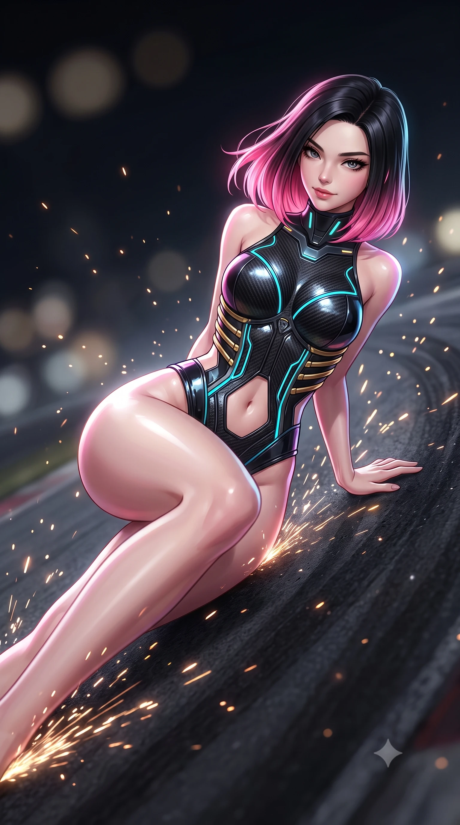 score_9, masterpiece, best quality, ultra-detailed, high-budget anime keyframe, semi-realistic 3D game render, editorial fashion photography, tasteful artistic composition, Korean woman. close-up cowboy shot from the waist and thighs up, the character dominates the composition, filling the frame with her large presence. resting one hand in a defensive deflective posture while glancing over her shoulder with thick eyelashes and a confident, smoldering combat half-smile while sliding along the banked track with effortless poise, her long slender legs extended in an agile low-profile drift. The composition keeps background elements in soft focus with creamy bokeh. sparkling electromagnetic friction sparks scattering radiant light motes across a dark gritty backdrop. She has an exceptionally elegant, slender, and willowy female figure with an ultra-slim waist, a gracefully sculpted slender torso, toned flat midriff, and a refined slim silhouette. sharp v-shaped jawline, high-bridge nose, intricate jewel-like eyes with depth, thick eyelashes, glossy lips with a natural sheen, flawlessly proportioned anatomical accuracy, strict slender model proportions, natural body alignment, perfectly sculpted long slender limbs, ultra-slim waistline, clean dynamic posture without body distortion. wearing a precision-tailored high-fashion carbon-fiber corset bodysuit with gold mechanical rib boning and kinetic shock-dampening palms in matte obsidian carbon black with electric cyan conduits, formed from high-gloss patent carbon-plating with specular chiaroscuro reflections, featuring a sleek aerodynamic collar framed by subtle glowing cybernetic status LEDs, the precision-cut daring openings accentuating her delicate midriff, graceful bare collarbones, and ultra-slim feminine waistline. illuminated by crisp white key lighting with sharp specular highlights tracing her sculpted athletic curves. rich saturated anime colors with glowing neon highlights, detailed shading with soft gradients, rich glossy textures, high-contrast stereoscopic depth, volumetric dynamic lighting, master piece, 9:16 ratio
