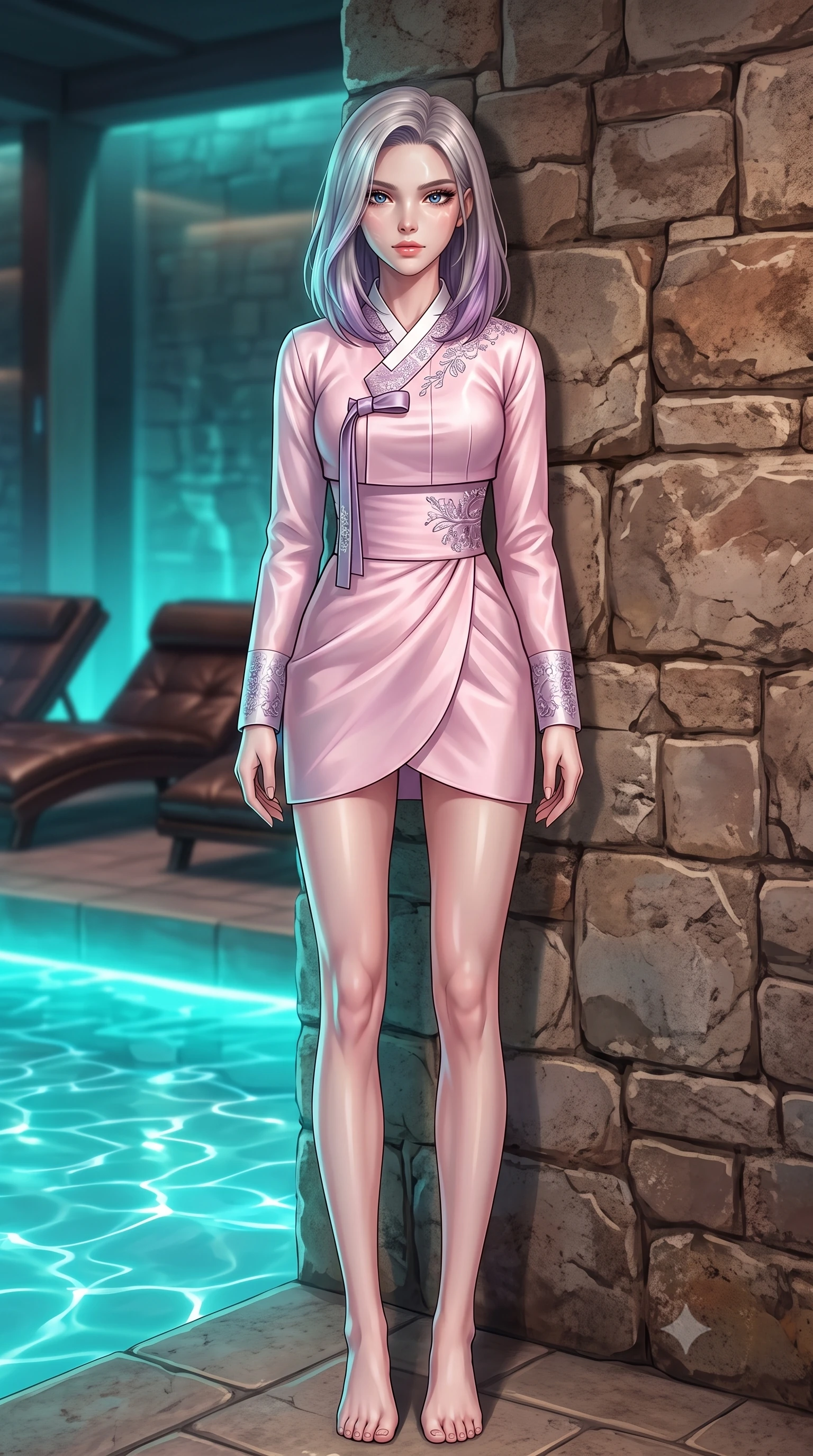 score_9, masterpiece, best quality, ultra-detailed, high-budget anime keyframe, editorial fashion photography, tasteful artistic composition, Caucasian woman. low angle full-body shot from head to toe showing her feet, filling the entire 9:16 vertical frame with her statuesque presence, stretching her vertical silhouette. leaning back against a rustic stone wall, casting a slow, alluring gaze at the camera the background shows a soft-focus a futuristic pool room with glowing turquoise water and dark leather lounges. She has an absolutely perfect, statuesque 8.5-heads proportion, an exceptionally tall and slender model-like female figure with impossibly long slender legs and an ultra-slim waist. sharp v-shaped jawline, high-bridge nose, intricate jewel-like eyes with depth, thick eyelashes, glossy lips with a natural sheen. wearing a form-contouring modern fusion hanbok jeogori in light pink silk, paired with a high-waisted wrap skirt. rippling water light reflections mapping across her features from below. highly saturated vibrant anime colors, detailed shading with soft gradients, rich glossy textures, high-contrast stereoscopic depth, volumetric dynamic lighting, master piece, 9:16 ratio