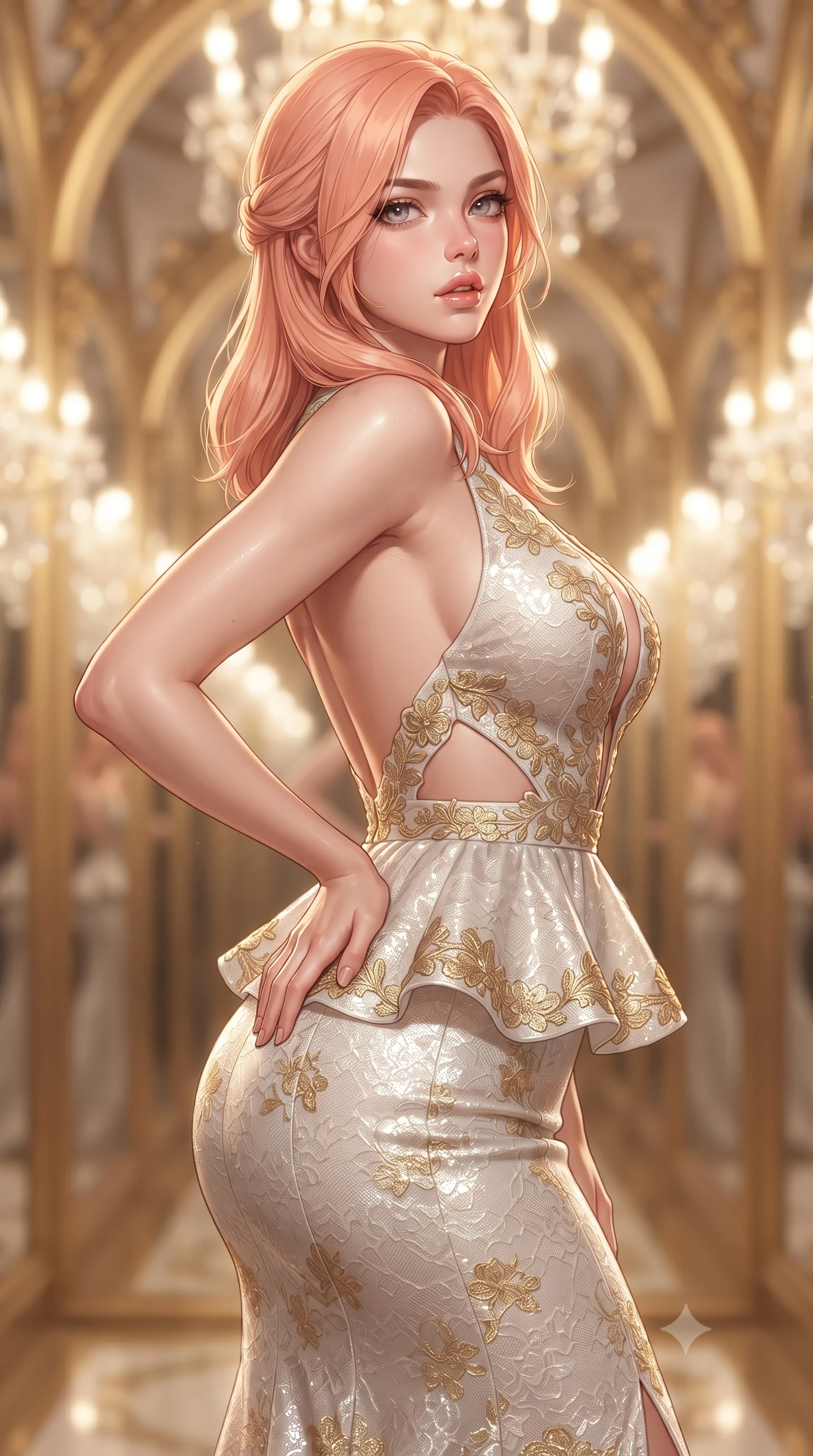 score_9, masterpiece, best quality, ultra-detailed, high-budget anime keyframe, editorial fashion photography, tasteful artistic composition, Japanese woman. close-up cowboy shot from the waist and thighs up, the character dominates the composition, filling the frame with her large presence. posing in an alluring rear three-quarter angle, arching her lower back in a pronounced S-curve with one hand on her hip, glancing seductively over her bare shoulder with parted glossy lips while gliding down the mirror-lined corridor with supermodel momentum, pivoting gracefully as infinite reflections multiply her curvy silhouette. The composition keeps background elements in soft focus with creamy bokeh. infinite crystal chandelier prisms and gilded mirror arches blurred into radiant diamond, pastel rose, and gold-leaf bokeh. She has an exceptionally elegant, slender, and willowy female figure with an ultra-slim waist, a gracefully sculpted slender torso, toned flat midriff, and rounded feminine hips creating an alluring hourglass silhouette. sharp v-shaped jawline, high-bridge nose, intricate jewel-like eyes with depth, thick eyelashes, glossy parted lips with a natural sheen, intensely captivating and seductive bedroom-eyes expression, flawlessly proportioned anatomical accuracy, strict slender model proportions, natural body alignment, perfectly sculpted long slender limbs, ultra-slim waistline, clean dynamic posture without body distortion. wearing a modern Marie Antoinette peplum gown with side-waist diamond cutouts and hip-cinching boning in pure alabaster white and gilded gold accents, formed from shimmering floral French lace over smooth opaque silk lining, finished with delicate golden floral embroidery outlining the plunging neckline, the precision-cut side openings and low-back scoop framing her graceful spine and the sensual sweep of her hips. bathed in radiant golden chandelier illumination and multi-directional mirror reflections. ultra-reflective glossy finish, specular highlights, rich textural contrasts, high-contrast stereoscopic depth, volumetric dynamic lighting, 2k, ultra detail, master piece, 9:16 ratio