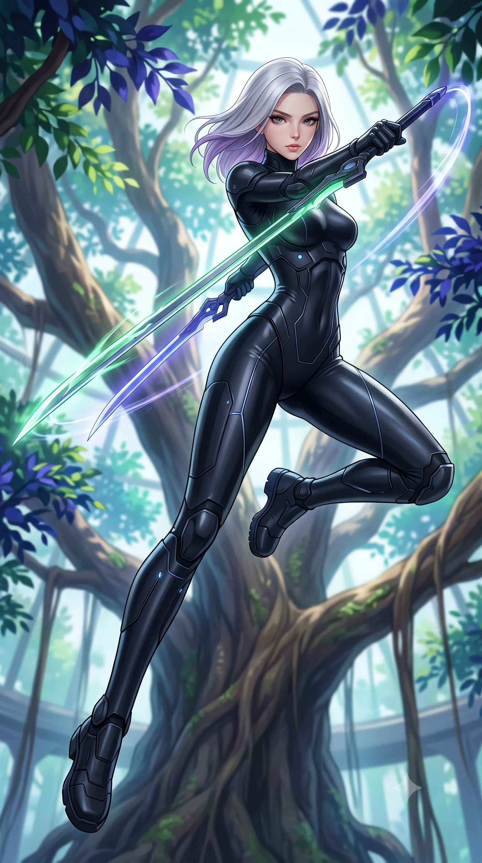 score_9, masterpiece, best quality, ultra-detailed, high-budget anime keyframe, editorial fashion photography, tasteful artistic composition, Caucasian woman. low angle full-body shot from head to toe showing her feet, filling the entire 9:16 vertical frame with her statuesque presence, stretching her vertical silhouette. leaping forward while slashing with a twin-bladed plasma sword in mid-air, her body-contouring suit showing her athletic silhouette, the background shows a soft-focus a banyan tree sanctuary with vibrant green and indigo leaves in a space dome. She has an absolutely perfect, statuesque 8.5-heads proportion, an exceptionally tall and slender model-like female figure with impossibly long slender legs and an ultra-slim waist. sharp v-shaped jawline, high-bridge nose, intricate jewel-like eyes with depth, thick eyelashes, glossy lips with a natural sheen. wearing a body-hugging form-fitting cybernetic combat suit in matte black latex, tracing her willowy silhouette with a high neck. vibrant green and indigo bioluminescent plant lighting casting a serene wash. highly saturated vibrant anime colors, detailed shading with soft gradients, rich glossy textures, high-contrast stereoscopic depth, volumetric dynamic lighting, master piece, 9:16 ratio