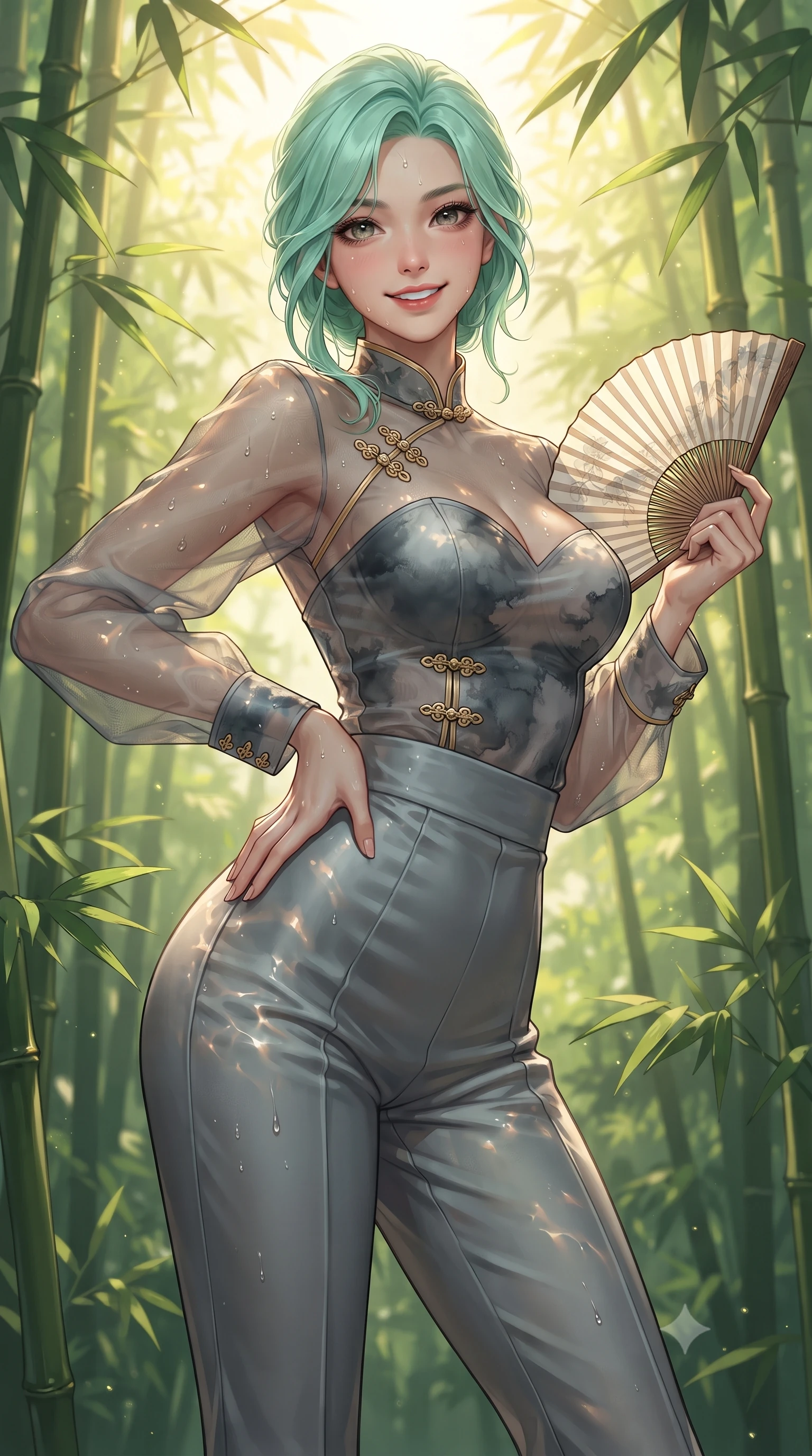 score_9, masterpiece, best quality, ultra-detailed, high-budget anime keyframe, editorial fashion photography, tasteful artistic composition, Japanese woman. close-up cowboy shot from the waist and thighs up, the character dominates the composition, filling the frame with her large presence. twisting her slender torso in an alluring contrapposto stance, one hand resting on her sculpted hip while holding a traditional silk folding fan with effortless poise while twisting her slender torso in an alluring contrapposto stance, filtered sunbeams and water reflections dancing across her curvy hips and waist. The surrounding environment is rendered in vivid detail and crisp panoramic clarity: detailed linen and silk fabric weave, water droplet beads on skin, and pristine nature landscape in high resolution. She has an exceptionally elegant, slender, and willowy female figure with an ultra-slim waist, flat toned midriff, narrow ribcage, and sculpted feminine hips creating an alluring, slim hourglass silhouette without bulk. sharp v-shaped jawline, high-bridge nose, intricate jewel-like dark sparkling almond eyes with depth, thick lashes, glossy parted lips with a natural rose-plum sheen, bright alluring and coquettish smile with bedroom-eyes, exuding both timeless oriental elegance and sovereign high-fashion allure, flawlessly proportioned anatomical accuracy, strict slender model proportions, natural body alignment, perfectly sculpted long slender limbs, ultra-slim waistline, clean dynamic posture without body distortion. wearing a sheer technical mesh and silk hanbok blouse worn over a sculpted sweetheart bustier with high-waisted tailored silk trousers in misty ink-wash slate grey and liquid silver, tailored from sheer gossamer silk organza with an airy weightless flutter, accented with intricate gold frog buttons and a delicate mandarin collar, the glove-like silhouette tightly following the natural contour of her hips and long slender legs with youthful 8.5-heads elegance. bathed in dappled golden morning sunbeams filtering through dense green bamboo leaves. ultra-reflective glossy finish, specular highlights, rich textural contrasts, high-contrast stereoscopic depth, volumetric dynamic lighting, 2k, ultra detail, master piece, 9:16 ratio