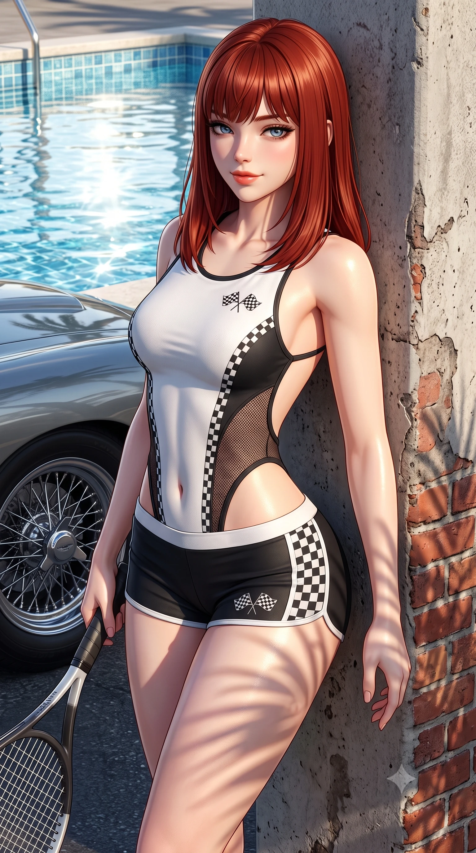 score_9, masterpiece, best quality, ultra-detailed, high-budget anime keyframe, semi-realistic 3D game render, editorial fashion photography, tasteful artistic composition, Caucasian woman. close-up cowboy shot from the waist and thighs up, the character dominates the composition, filling the frame with her large presence. leaning back against the pit wall with relaxed seductive grace, her flat midriff and narrow waist highlighted as sunlight traces her curves while twisting her slender torso in an alluring contrapposto stance, holding a tennis racket while California palm shadows trace her curvy hips. The surrounding environment is rendered in vivid detail and crisp panoramic clarity: sharp Aston Martin wire wheel spoke clarity, polished chrome badge reliefs, and sparkling pool waterline tile in deep focus. She has an exceptionally elegant, slender, and willowy female figure with an ultra-slim waist, flat toned midriff, narrow ribcage, and sculpted feminine hips creating an alluring, slim hourglass silhouette without bulk. sharp v-shaped jawline, high-bridge nose, sparkling eyes with athletic focus and depth, thick curled eyelashes, glossy parted lips with a natural coral-peach sheen, bright confident and coquettish smile with alluring bedroom-eyes, exuding both youthful sporty vigor and sovereign high-society glamour, flawlessly proportioned anatomical accuracy, strict slender model proportions, natural body alignment, perfectly sculpted long slender limbs, ultra-slim waistline, clean dynamic posture without body distortion. wearing a cut-out racing bodysuit with side-torso mesh inserts and low-rise tailored tennis shorts in dual-tone high-contrast racing monochrome, tailored from ultra-soft fine cashmere yarn with an airy athletic drape, finished with contrasting racing stripe tape and subtle checkered flag embroidery, the precision-cut side openings and low-back scoop framing her graceful spine and the sensual sweep of her slim, athletic hips. bathed in bright California afternoon sunbeams reflecting off sparkling pool water. highly saturated vibrant anime colors, detailed shading with soft gradients, rich glossy textures, high-contrast stereoscopic depth, volumetric dynamic lighting, master piece, 9:16 ratio