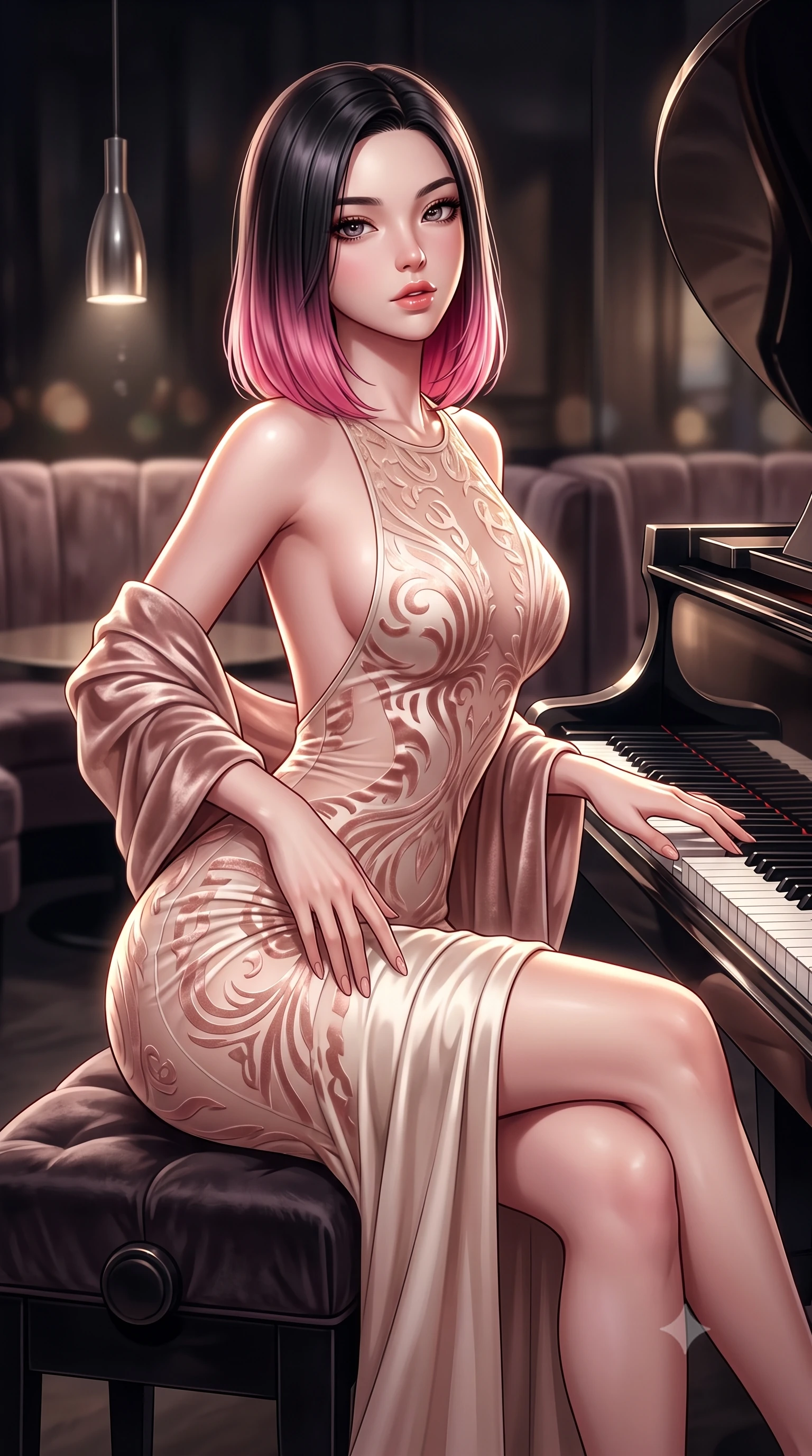 score_9, masterpiece, best quality, ultra-detailed, high-budget anime keyframe, semi-realistic 3D game render, editorial fashion photography, tasteful artistic composition, Korean woman. close-up cowboy shot from the waist and thighs up, the character dominates the composition, filling the frame with her large presence. arching her spine backward with effortless dancer poise, one hand sliding along her hip line as directional light carves specular highlights along her silhouette while sitting sideways on the piano bench with legs crossed and hips tilted toward the camera, running her fingers lightly across the keys with parted glossy lips. The composition keeps background elements in soft focus with creamy bokeh. curved grand piano reflections and velvet cocktail booths softened in moody shallow focus. She has an exceptionally elegant, slender, and willowy female figure with an ultra-slim waist, a gracefully sculpted slender torso, toned flat midriff, and rounded feminine hips creating an alluring hourglass silhouette. sharp v-shaped jawline, high-bridge nose, intricate jewel-like eyes with depth, thick eyelashes, glossy parted lips with a natural sheen, intensely captivating and seductive bedroom-eyes expression, flawlessly proportioned anatomical accuracy, strict slender model proportions, natural body alignment, perfectly sculpted long slender limbs, ultra-slim waistline, clean dynamic posture without body distortion. wearing an open-back duchess satin gala gown with a dramatic hip-hugging drape and cascading trailing hem in champagne ivory and delicate rose gold, made of sheer contouring power-mesh with velvet flocking patterns, complemented by a plush velvet shawl draped loosely over her elbows, the liquid-tight tailored fabric clinging flawlessly to her narrow waist and rounded feminine hips, emphasizing every millimeter of her sculpted hourglass curves during movement. illuminated by sleek metallic reflections sculpting her sculpted collarbones, ultra-slim waist, and curvy hips. highly saturated vibrant anime colors, detailed shading with soft gradients, rich glossy textures, high-contrast stereoscopic depth, volumetric dynamic lighting, master piece, 9:16 ratio
