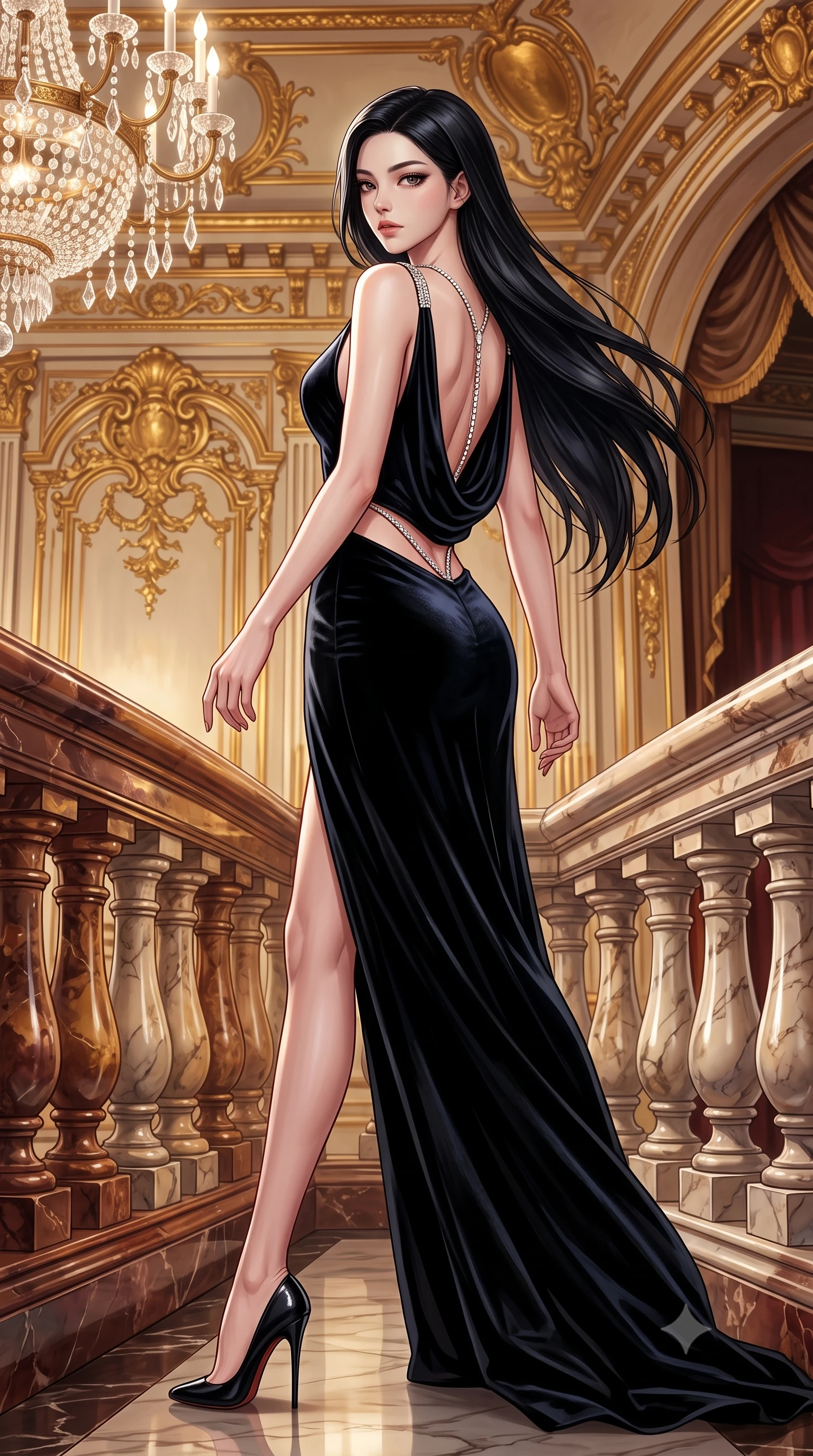 score_9, masterpiece, best quality, ultra-detailed, high-budget anime keyframe, semi-realistic 3D game render, editorial fashion photography, tasteful artistic composition, Korean woman. low angle full-body shot from head to toe showing her feet, filling the entire 9:16 vertical frame with her statuesque presence, stretching her vertical silhouette. pivoting dynamically with supreme athletic balance and poise, her impossibly long slender legs creating a breathtaking line while stepping along the private opera loge walkway with sweeping couture elegance and magnetic charisma. The surrounding environment is rendered in vivid detail and crisp panoramic clarity. intricate gold-leaf rococo carvings, sparkling crystal chandelier facets, and polished marble balustrades in sharp focus. She has an absolutely perfect, statuesque 8.5-heads proportion, an exceptionally tall and slender model-like female figure with impossibly long slender legs, a toned flat midriff, and an ultra-slim waist. sharp v-shaped jawline, high-bridge nose, intricate jewel-like eyes with depth, thick eyelashes, glossy lips with a natural sheen, captivating and magnetic expression, flawlessly proportioned anatomical accuracy, strict slender model proportions, natural body alignment, perfectly sculpted long slender limbs, ultra-slim waistline, clean dynamic posture without body distortion. wearing an opulent backless black velvet evening gown with a plunging cowl back and diamond-encrusted shoulder straps in midnight black and liquid gold, crafted from heavyweight crushed silk velvet with liquid luster, accented with a glittering diamond back chain tracing her bare spine edition #23, the precision-cut daring openings accentuating her delicate midriff, graceful bare collarbones, and ultra-slim feminine waistline. surrounded by an aristocratic, majestic, and enchantingly sovereign high-society queen aura. highly saturated vibrant anime colors, detailed shading with soft gradients, rich glossy textures, high-contrast stereoscopic depth, volumetric dynamic lighting, master piece, 9:16 ratio