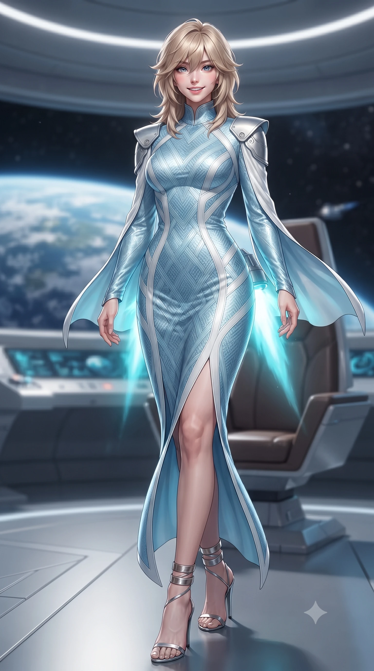 score_9, masterpiece, best quality, ultra-detailed, high-budget anime keyframe, editorial fashion photography, tasteful artistic composition, Japanese woman. low angle full-body shot from head to toe showing her feet, filling the entire 9:16 vertical frame with her statuesque presence, stretching her vertical silhouette. stepping slowly toward the camera with hypnotic grace, hips swaying in an alluring sensual rhythm that accentuates her curvy hourglass silhouette and long slender legs while twisting her slender torso in an alluring contrapposto stance beside the captain throne, ion engine exhaust plumes casting brilliant cyan reflections across her narrow waist and curvy hips. The background shows a soft-focus faint pressurized cabin vapor softened in orbital flagship command bridge shallow focus. She has an exceptionally tall and slender model-like 8.5-heads proportion, an ultra-slim waist, a flat toned midriff, narrow delicate ribcage, and beautifully sculpted feminine hips creating a graceful, slim hourglass silhouette without any bulky heaviness, with impossibly long slender legs. sharp v-shaped jawline, high-bridge nose, intricate jewel-like sparkling eyes with depth, thick eyelashes, glossy parted lips with a natural peach sheen, bright cheerful beaming smile with an enchanting and coquettish sensual glint, exuding both youthful cute charm and seductive allure, flawlessly proportioned anatomical accuracy, strict slender model proportions, natural body alignment, perfectly sculpted long slender limbs, ultra-slim waistline, clean dynamic posture without body distortion. wearing an elegant high-neck diplomatic sci-fi gown made of bioluminescent silver silk with structured geometric shoulder plates and long flowing sleeves in arctic cryo-glacier ice blue and platinum white, woven from structured carbon-fiber jacquard with rich textural depth, complemented by strappy stiletto sandals with metallic ankle wraps accentuating her slender calves, the bespoke structured tailoring following the natural line of her 8.5-heads silhouette with refined elegance. illuminated by Earth albedo reflection bounce and sharp ion-cyan rim lights sculpting her razor-sharp jawline, narrow waist, and curvy hips. ultra-reflective glossy finish, specular highlights, rich textural contrasts, high-contrast stereoscopic depth, volumetric dynamic lighting, 2k, ultra detail, master piece, 9:16 ratio