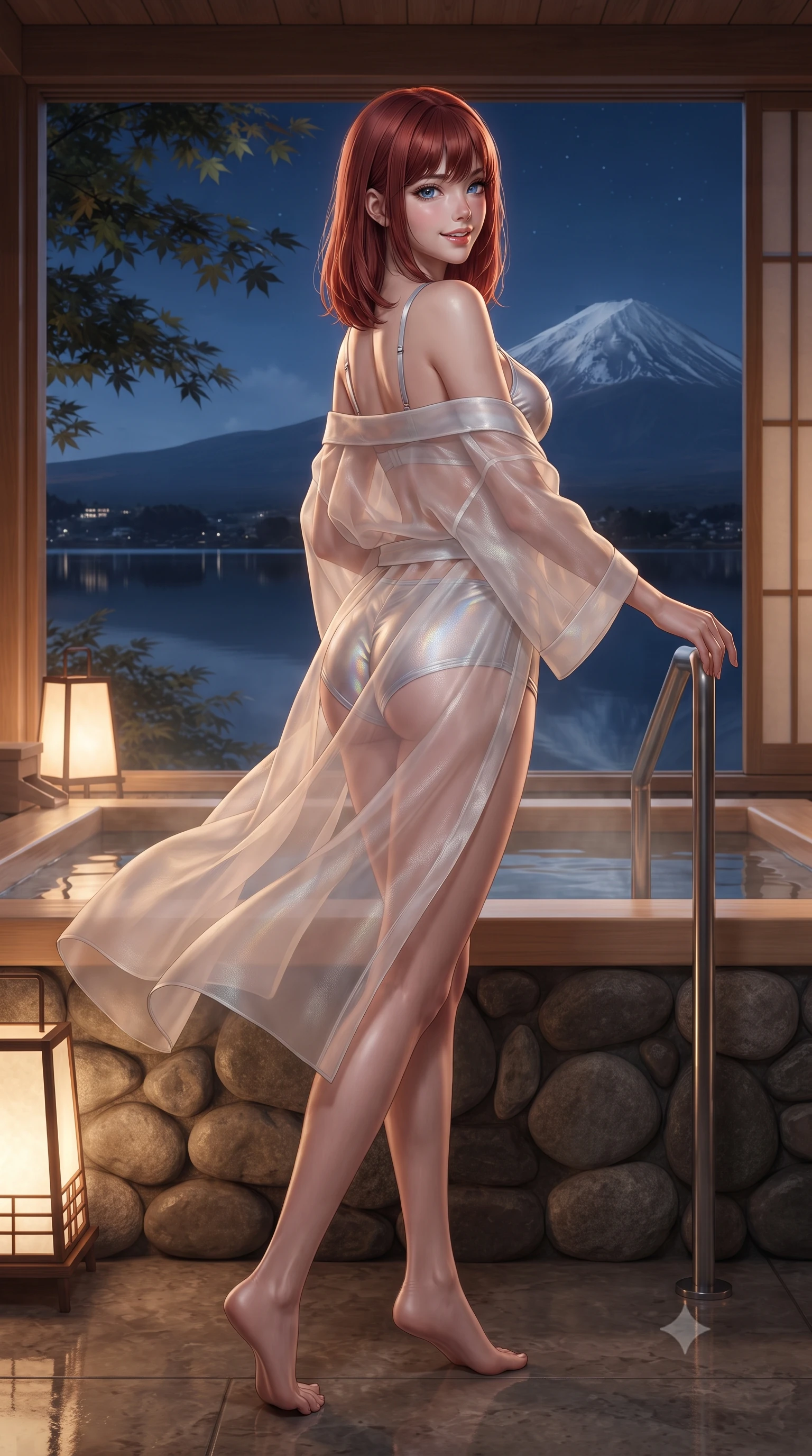 score_9, masterpiece, best quality, ultra-detailed, high-budget anime keyframe, editorial fashion photography, tasteful artistic composition, Caucasian woman. low angle full-body shot from head to toe showing her feet, filling the entire 9:16 vertical frame with her statuesque presence, stretching her vertical silhouette. executing a slow, graceful pivot turn as her skirt sways around her slender legs, glancing back with an enchanting, teasing sensual expression while leaning against the smooth aromatic cedar bath rim with hips cocked back, looking across the mirror-still lake with heavy-lidded bedroom-eyes. The surrounding environment is rendered in vivid detail and crisp panoramic clarity: sharp natural hinoki wood grain, smooth river stone masonry of the bath, and delicate Japanese maple leaf veins in deep focus. She has an exceptionally tall and slender model-like 8.5-heads proportion, an ultra-slim waist, a flat toned midriff, narrow delicate ribcage, and beautifully sculpted feminine hips creating a graceful, slim hourglass silhouette without any bulky heaviness, with impossibly long slender legs. sharp v-shaped jawline, high-bridge nose, intricate jewel-like sparkling eyes with depth, thick eyelashes, glossy parted lips with a natural peach sheen, bright cheerful beaming smile with an enchanting and coquettish sensual glint, exuding both youthful cute charm and seductive allure, flawlessly proportioned anatomical accuracy, strict slender model proportions, natural body alignment, perfectly sculpted long slender limbs, ultra-slim waistline, clean dynamic posture without body distortion. wearing a sheer silk organza modern kimono robe worn loose and slipping off bare shoulders over a matching satin bralette and micro-shorts in liquid molten silver and iridescent mother-of-pearl, woven from fine semi-opaque stretch illusion mesh tracing her slender contours, finished with satin ribbon ties at the shoulders fluttering in the gentle breeze, the glove-like clinging cut tightly following the natural contour of her hips and long slender legs with youthful 8.5-heads elegance. bathed in the warm 2500K glow of Japanese washi paper floor lanterns mixed with crisp silver moonlight on Mount Fuji's snows. ultra-reflective glossy finish, specular highlights, rich textural contrasts, high-contrast stereoscopic depth, volumetric dynamic lighting, 2k, ultra detail, master piece, 9:16 ratio