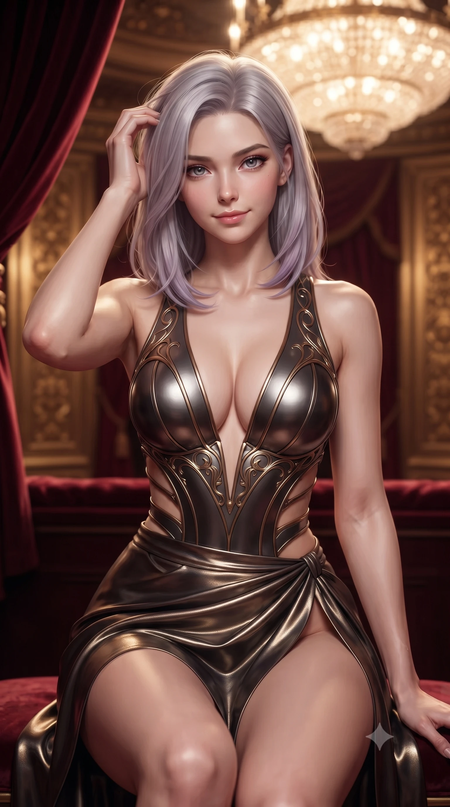 score_9, masterpiece, best quality, ultra-detailed, high-budget anime keyframe, editorial fashion photography, tasteful artistic composition, Caucasian woman. close-up cowboy shot from the waist and thighs up, the character dominates the composition, filling the frame with her large presence, background elements kept in soft focus. slowly running a hand through her hair, smiling with quiet, magnetic self-assurance directly into the camera, the background shows a soft-focus a VIP opera box suite draped in heavy crimson velvet and gold brass panels. She has an exceptionally elegant, slender, and willowy female figure with an ultra-slim waist, a gracefully sculpted slender torso, and a refined silhouette. sharp v-shaped jawline, high-bridge nose, intricate jewel-like eyes with depth, thick eyelashes, glossy lips with a natural sheen. wearing a body-hugging deep plunging-V neck bodycon armor top, featuring keyhole cutouts along the ribs and a thigh-slit wrap skirt. warm golden light from the massive theater chandelier casting a soft wash. ultra-reflective glossy finish, specular highlights, metallic sheen, high-contrast stereoscopic depth, volumetric dynamic lighting, 2k, ultra detail, master piece, 9:16 ratio