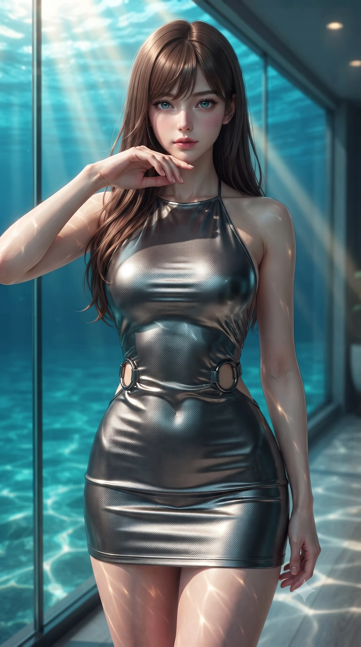 score_9, masterpiece, best quality, ultra-detailed, high-budget anime keyframe, editorial fashion photography, tasteful artistic composition, Korean woman. close-up cowboy shot from the waist and thighs up, the character dominates the composition, filling the frame with her large presence, background elements kept in soft focus. Reaching one hand toward the viewer with relaxed sensual elegance, resting near a glass bay wall as gentle ocean waves cast dynamic caustic patterns, golden sunbeams penetrating turquoise ocean water creating caustic light webs. She has an exceptionally elegant, slender, and willowy female figure with an ultra-slim waist, a gracefully sculpted slender torso, and a refined silhouette. sharp v-shaped jawline, high-bridge nose, intricate jewel-like eyes with depth, thick eyelashes, glossy lips with a natural sheen. wearing backless liquid vinyl mini slip dress with bare shoulder halter neckline in metallic dark silver, made of matte carbon-fiber weave, trimmed with dark chrome ring hardware along the waist contours, following her slender form with tailored precision. lit by clear sunbeams penetrating ocean depths with soft shadows. ultra-reflective glossy finish, specular highlights, metallic sheen, high-contrast stereoscopic depth, volumetric dynamic lighting, 2k, ultra detail, master piece, 9:16 ratio