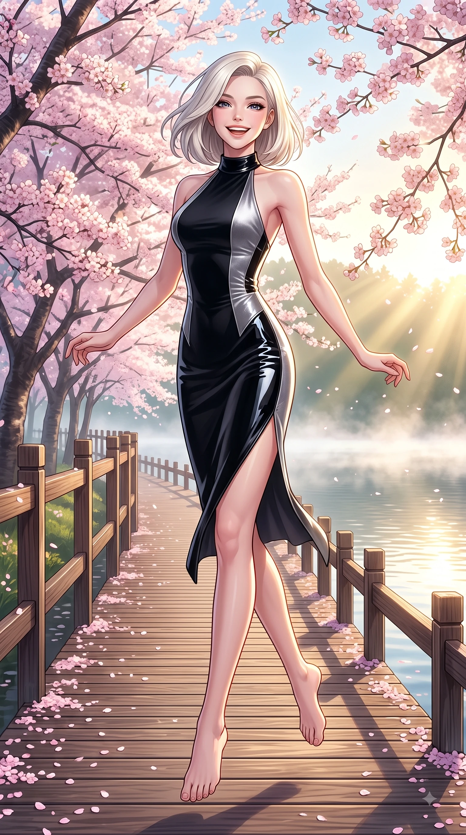 score_9, masterpiece, best quality, ultra-detailed, high-budget anime keyframe, editorial fashion photography, tasteful artistic composition, Caucasian woman. low angle full-body shot from head to toe showing her feet, filling the entire 9:16 vertical frame with her statuesque presence, stretching her vertical silhouette. leaping with pure joy through mid-air with a radiant bright smile, her impossibly long slender legs stretched in perfect balance while leaping with a beaming happy smile along a wooden lakeside boardwalk lined with sakura trees, morning mist floating gently over the water surface, capturing bright golden light. She has an absolutely perfect, statuesque 8.5-heads proportion, an exceptionally tall and slender model-like female figure with impossibly long slender legs and an ultra-slim waist. sharp v-shaped jawline, high-bridge nose, intricate jewel-like eyes with depth, thick eyelashes, glossy lips with a natural sheen, flawlessly proportioned anatomical accuracy, natural body alignment, perfectly sculpted elegant limbs, clean dynamic posture without body distortion. wearing a velvet halter-neck midi dress following her form like a glove in matte black and polished silver, tailored from high-gloss patent leather, finished with a sleek side slit ascending to mid-thigh, the glove-like fit emphasizing her statuesque silhouette during motion. surrounded by a serene, uplifting spring aura with cheerful highlights. highly saturated vibrant anime colors, detailed shading with soft gradients, rich glossy textures, high-contrast stereoscopic depth, volumetric dynamic lighting, master piece, 9:16 ratio