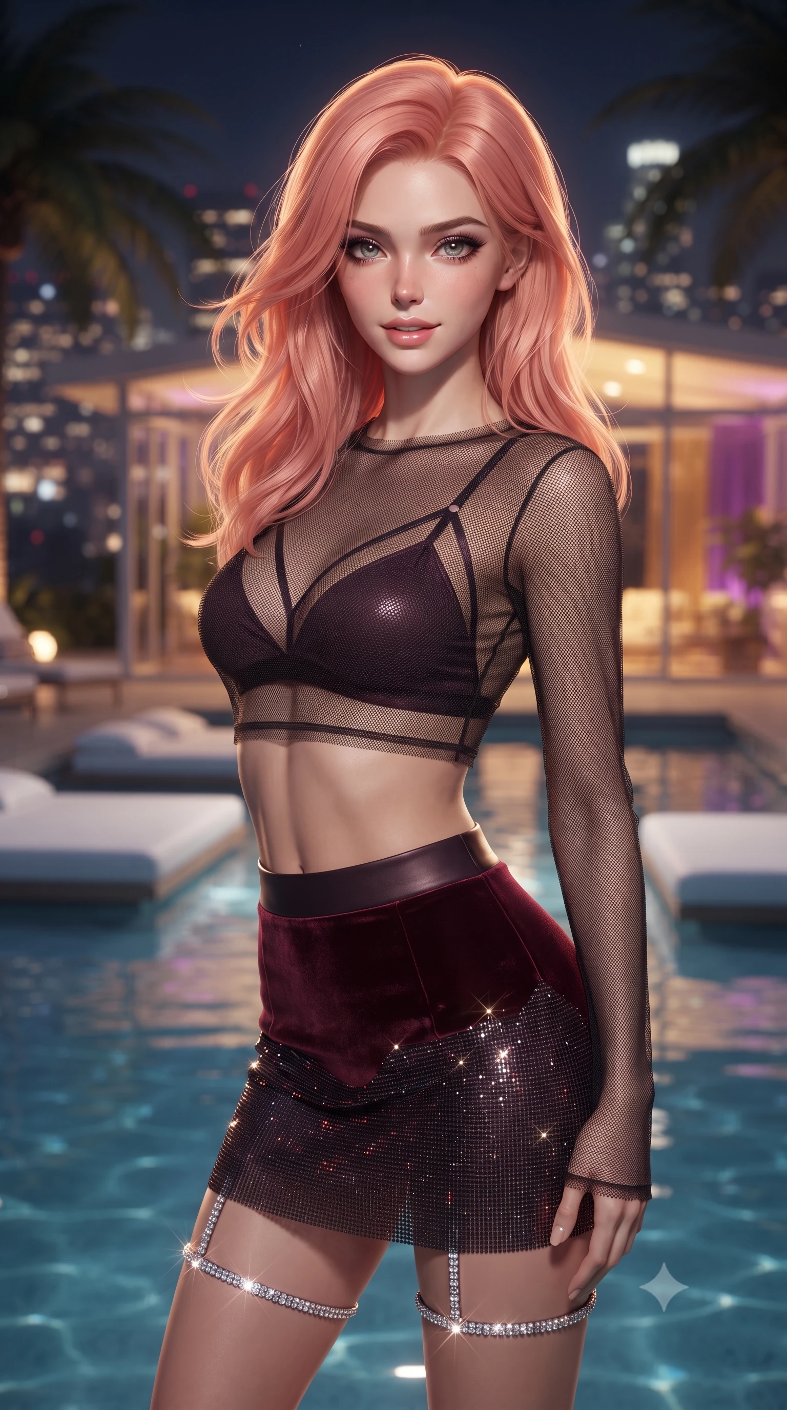 score_9, masterpiece, best quality, ultra-detailed, high-budget anime keyframe, editorial fashion photography, tasteful artistic composition, Japanese woman. close-up cowboy shot from the waist and thighs up, the character dominates the composition, filling the frame with her large presence. turning slowly with an enchanting smoldering smile, her glossy hair tossing in the breeze as her hips angle gracefully in a captivating contrapposto while twisting her slender torso in an alluring S-curve, floating white daybeds and shimmering pool water reflecting her hourglass curves. The background shows a soft-focus the endless glowing grid of Los Angeles night lights, silhouette palm fronds, and mid-century glass pavilion blurred into gold, amber, and violet bokeh. She has an exceptionally elegant, slender, and willowy female figure with an ultra-slim waist, flat toned midriff, narrow ribcage, and sculpted feminine hips creating an alluring, slim hourglass silhouette without bulk. sharp v-shaped jawline, high-bridge nose, sparkling eyes with hypnotic seductive depth, thick curled eyelashes, glossy parted lips with a natural dewy peach sheen, alluring bedroom-eyes with an enchanting coquettish smile, exuding magnetic siren charisma and sophisticated glamour, flawlessly proportioned anatomical accuracy, strict slender model proportions, natural body alignment, perfectly sculpted long slender limbs, ultra-slim waistline, clean dynamic posture without body distortion. wearing a sheer mesh long-sleeve crop top over an opaque strappy micro-bralette and a sleek leatherette mini skirt in deep bordeaux velvet and delicate black chantilly, crafted from shimmering fluid chainmail mesh reflecting ambient lights, finished with delicate crystal-encrusted thigh garter straps glinting in the dim light, the form-contouring silhouette accentuating her sculpted flat midriff, narrow delicate ribcage, and gracefully curvy hips with intoxicating allure. illuminated by pool water specular bounce and sharp platinum rim lights defining her delicate clavicles, ultra-slim waist, and curvy hips. ultra-reflective glossy finish, specular highlights, rich textural contrasts, high-contrast stereoscopic depth, volumetric dynamic lighting, 2k, ultra detail, master piece, 9:16 ratio