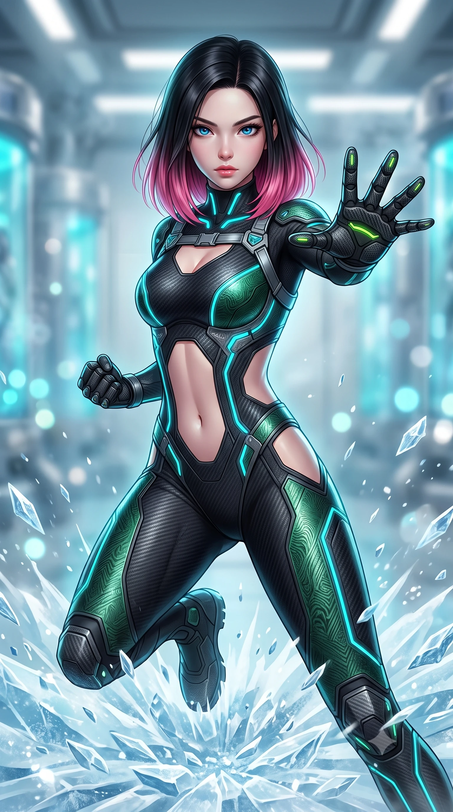 score_9, masterpiece, best quality, ultra-detailed, high-budget anime keyframe, semi-realistic 3D game render, editorial fashion photography, tasteful artistic composition, Korean woman. close-up cowboy shot from the waist and thighs up, the character dominates the composition, filling the frame with her large presence. in a razor-sharp Panzer Kunst fighting guard, one hand extended with palm open in fluid kinetic tension, captivating jewel-like eyes locked onto the viewer with dangerous focus while stomping forcefully onto the frozen laboratory floor, sending a radial shockwave of shattered ice and diamond frost across the room. The composition keeps background elements in soft focus with creamy bokeh. drifting cryogenic frost vapor and frozen glass pods blurred into radiant cyan, silver, and pale blue bokeh. She has an exceptionally elegant, slender, and willowy female figure with an ultra-slim waist, a gracefully sculpted slender torso, toned flat midriff, and a refined slim silhouette. sharp v-shaped jawline, high-bridge nose, intricate jewel-like eyes with depth, thick eyelashes, glossy lips with a natural sheen, flawlessly proportioned anatomical accuracy, strict slender model proportions, natural body alignment, perfectly sculpted long slender limbs, ultra-slim waistline, clean dynamic posture without body distortion. wearing a high-mobility matte-black carbon-fiber combat bodysuit with glowing neon cyan kinetic conduits and Damascus-textured knuckle guards in emerald green carbon composite with glowing lime laser channels, crafted from ultra-strong woven carbon-fiber composite with a satin luster, reinforced by a sleek titanium kinetic harness and glowing micro-energy straps, the precision-cut daring openings accentuating her delicate midriff, graceful bare collarbones, and ultra-slim feminine waistline. bathed in glowing cyan cryogenic stasis radiance and cool white emergency strobe lighting. rich saturated anime colors with glowing neon highlights, detailed shading with soft gradients, rich glossy textures, high-contrast stereoscopic depth, volumetric dynamic lighting, master piece, 9:16 ratio