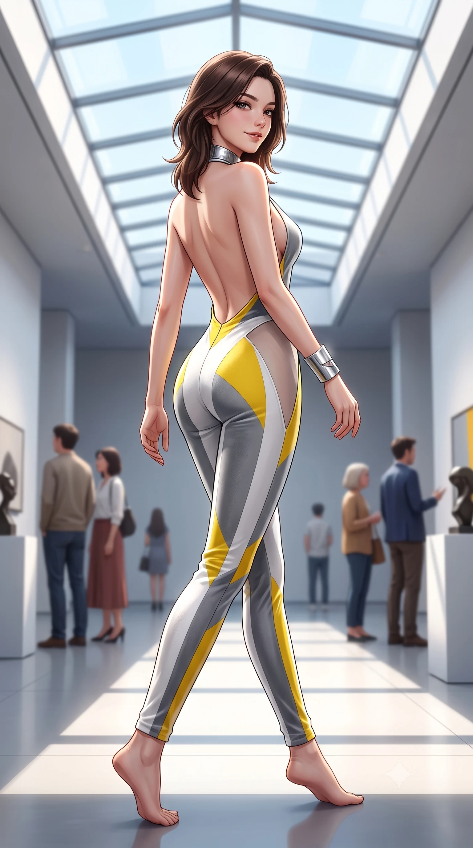 score_9, masterpiece, best quality, ultra-detailed, high-budget anime keyframe, semi-realistic 3D game render, editorial fashion photography, tasteful artistic composition, Korean woman. low angle full-body shot from head to toe showing her feet, filling the entire 9:16 vertical frame with her statuesque presence, stretching her vertical silhouette. walking along the terrace with poise, looking back over her bare shoulder with an irresistible smoldering bedroom-gaze while twisting her slender torso in an alluring contrapposto stance, geometric sunlight beams cutting across her flat midriff and curvy hips. The background shows a soft-focus modern art visitors softened in ultra-minimalist museum shallow focus. She has an absolutely perfect, statuesque 8.5-heads proportion, an exceptionally tall and slender model-like female figure with impossibly long slender legs, an ultra-slim waist, a flat toned midriff, narrow delicate ribcage, and beautifully sculpted feminine hips creating a graceful, slim hourglass silhouette without any bulky heaviness. sharp v-shaped jawline, high-bridge nose, sparkling eyes with hypnotic seductive depth, thick curled eyelashes, glossy parted lips with a natural dewy peach sheen, alluring bedroom-eyes with an enchanting coquettish smile, exuding magnetic siren charisma and sophisticated glamour, flawlessly proportioned anatomical accuracy, strict slender model proportions, natural body alignment, perfectly sculpted long slender limbs, ultra-slim waistline, clean dynamic posture without body distortion. wearing a backless plunge-front second-skin velvet jumpsuit with fluid tapered legs and sheer lace hip inserts in Bauhaus optic white and concrete grey with primary yellow accents, made of sheer gossamer chiffon that drapes softly against skin with airy translucence, finished with a sculptural silver torque collar and a matching wide architectural wrist cuff, the liquid-tight tailored fabric clinging flawlessly to her narrow waist and rounded feminine hips, emphasizing every millimeter of her sculpted slim hourglass curves without any bulky heaviness. bathed in intense crisp neutral 5500K daylight flooding directly down from the overhead glass skylight. highly saturated vibrant anime colors, detailed shading with soft gradients, rich glossy textures, high-contrast stereoscopic depth, volumetric dynamic lighting, master piece, 9:16 ratio