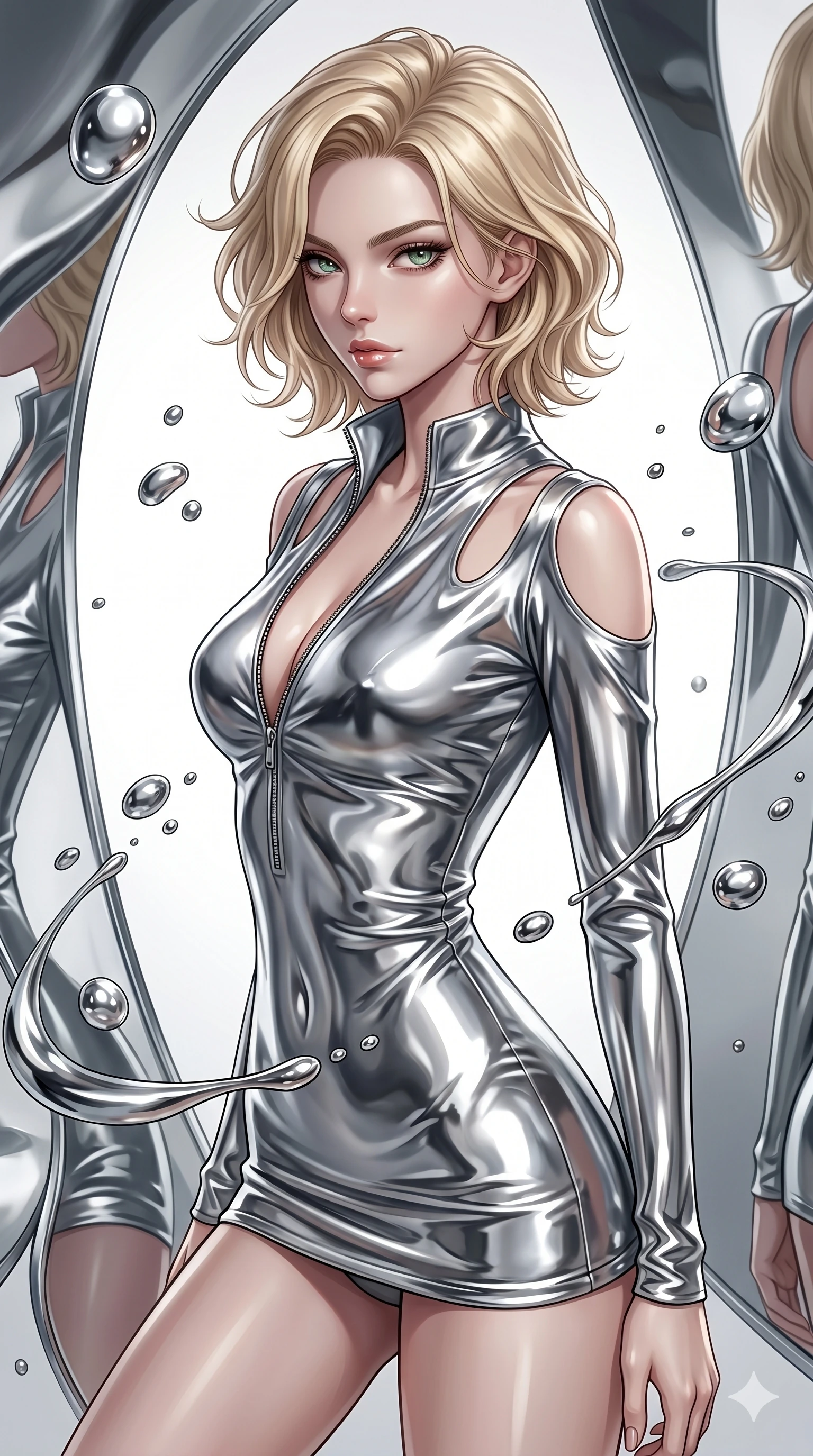 score_9, masterpiece, best quality, ultra-detailed, high-budget anime keyframe, Caucasian woman, strictly human ears. Upper body close-up from the thighs up, character filling the screen for maximum presence. She is surrounded by floating mercury droplets and curved abstract mirrors that warp space. She strikes a striking fashion pose, looking over her shoulder with glossy, natural lips. She has an absolutely perfect 8-heads proportion, an exceptionally tall and slender female figure with impossibly long slender legs and an ultra-slim waist. V-shaped jawline, high-bridge nose, intricate jewel-like eyes with depth, thick eyelashes, glossy lips with a natural sheen. She is wearing a form-fitting top made of molten liquid-mercury fabric that clings to her curves, with strategic tear-drop shoulder cutouts and a dangerously unzipped front collar. The scene is bathed in highly reflective silver highlights and a stark white side studio light. 2k, ultra detail, master piece, 9:16 ratio