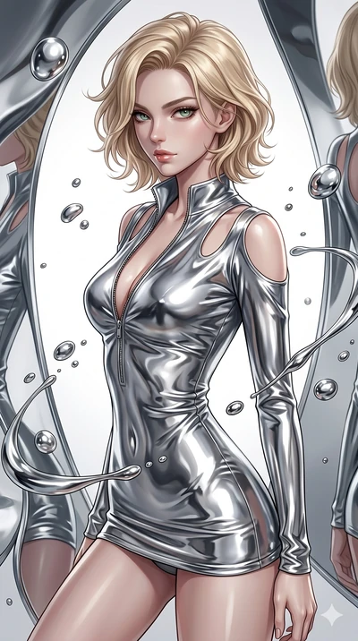 score_9, masterpiece, best quality, ultra-detailed, high-budget anime keyframe, Caucasian woman, strictly human ears. Upper body close-up from the thighs up, character filling the screen for maximum presence. She is surrounded by floating mercury dro