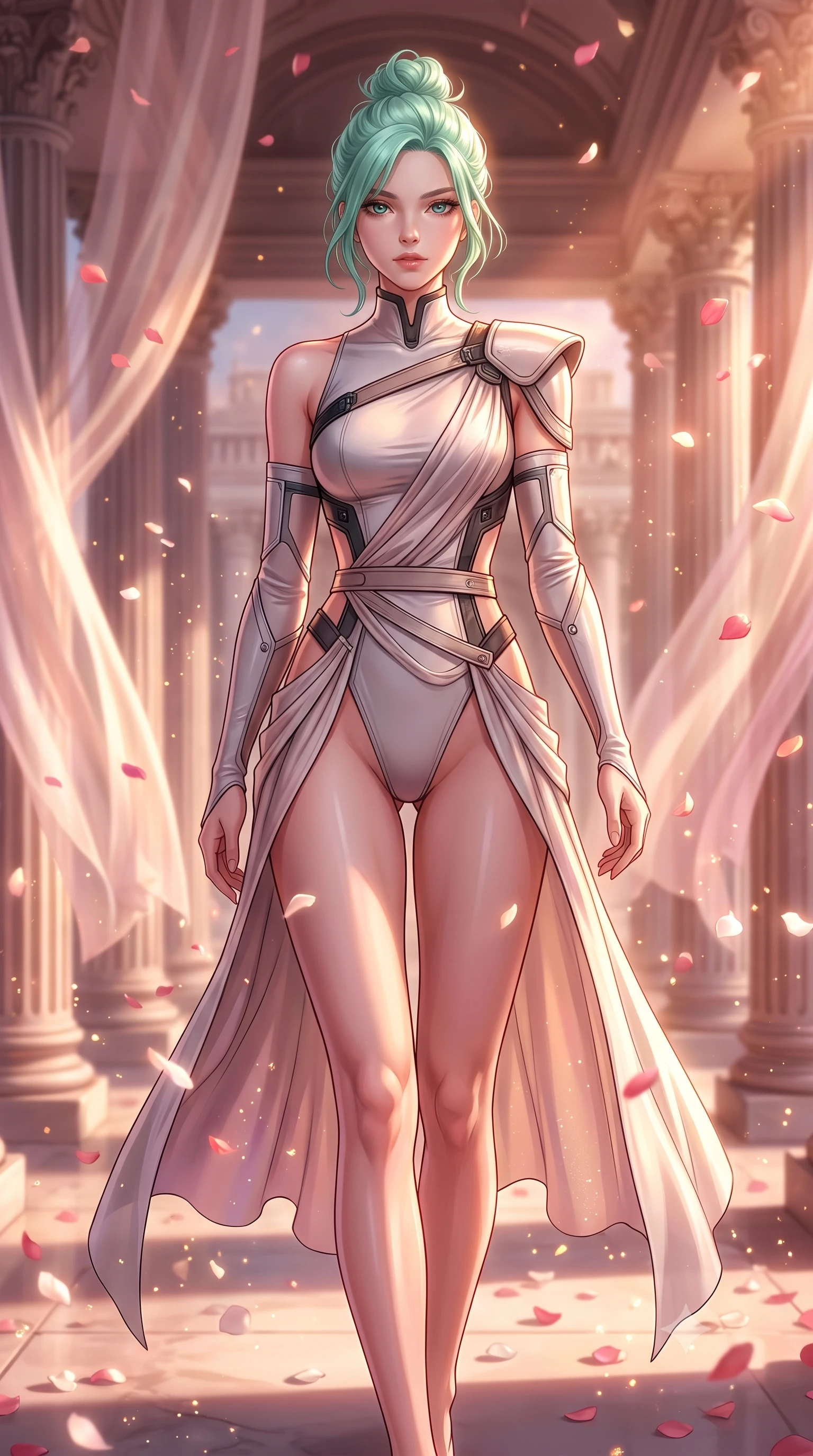 score_9, masterpiece, best quality, ultra-detailed, high-budget anime keyframe, editorial fashion photography, tasteful artistic composition, Japanese woman. close-up cowboy shot from the waist and thighs up, the character dominates the composition, filling the frame with her large presence, background elements kept in soft focus. Leaning slightly forward with a composed, seductive gaze under soft glowing light walking through a open-air colonnade with billowing silk gossamer curtains, floating rose petals and golden dust motes sparkling in the air. She has an exceptionally elegant, slender, and willowy female figure with an ultra-slim waist, a gracefully sculpted slender torso, and a refined silhouette. sharp v-shaped jawline, high-bridge nose, intricate jewel-like eyes with depth, thick eyelashes, glossy lips with a natural sheen. wearing an asymmetrical high-cut tech-bodysuit with detached sleeves and waist-framing straps, the elegant draped fit framing her graceful clavicle and slender torso. bathed in glorious golden hour sunbeams and warm rose-gold ambient light. highly saturated vibrant anime colors, detailed shading with soft gradients, rich glossy textures, high-contrast stereoscopic depth, volumetric dynamic lighting, master piece, 9:16 ratio