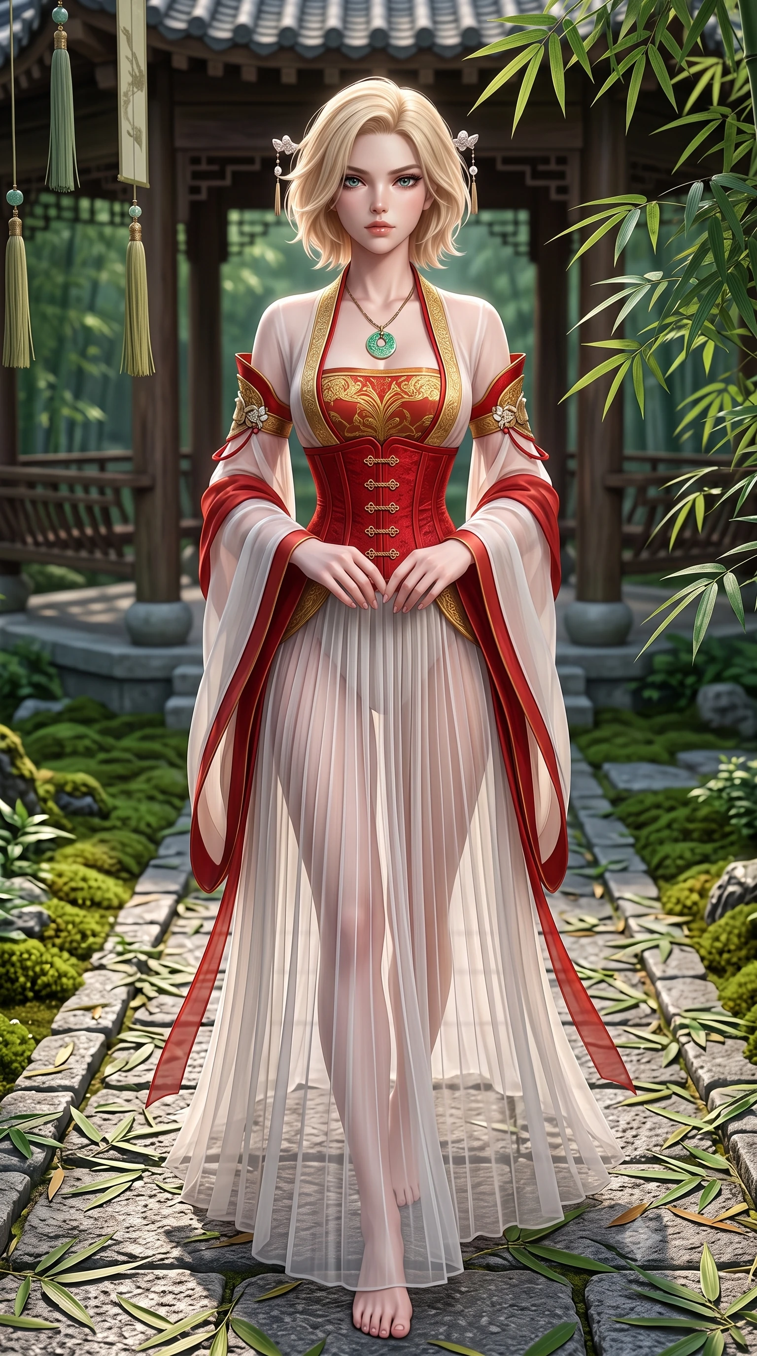 score_9, masterpiece, best quality, ultra-detailed, high-budget anime keyframe, semi-realistic 3D game render, editorial fashion photography, tasteful artistic composition, Caucasian woman. close-up cowboy shot from the waist and thighs up, the character dominates the composition, filling the frame with her large presence. holding her hands loosely in front with regal, aristocratic poise, radiating an overwhelming high-society aura while striding along a stone path covered in fallen bamboo leaves with effortless, otherworldly supernatural balance. The surrounding environment is rendered in vivid detail and crisp panoramic clarity. intricate moss carpets, hanging silk tassels, and bamboo leaf venation in high resolution. She has an exceptionally elegant, slender, and willowy female figure with an ultra-slim waist, a gracefully sculpted slender torso, toned flat midriff, and a refined slim silhouette. sharp v-shaped jawline, high-bridge nose, intricate jewel-like eyes with depth, thick eyelashes, glossy lips with a natural sheen, captivating and magnetic expression, flawlessly proportioned anatomical accuracy, strict slender model proportions, natural body alignment, perfectly sculpted long slender limbs, ultra-slim waistline, clean dynamic posture without body distortion. wearing a sacred shrine maiden couture robe with sheer pleated chiffon skirt and structured scarlet corset top in imperial gold and deep crimson silk, tailored from crisp ceremonial cotton and multi-layered translucent chiffon, accented with mother-of-pearl hair ornaments and a carved jade pendant, the sleek tailored cut tightly hugging her graceful clavicle, narrow waist, and feminine curves with statuesque precision. surrounded by an enchanting, mysterious, and captivating oriental spirit sorceress aura. highly saturated vibrant anime colors, detailed shading with soft gradients, rich glossy textures, high-contrast stereoscopic depth, volumetric dynamic lighting, master piece, 9:16 ratio