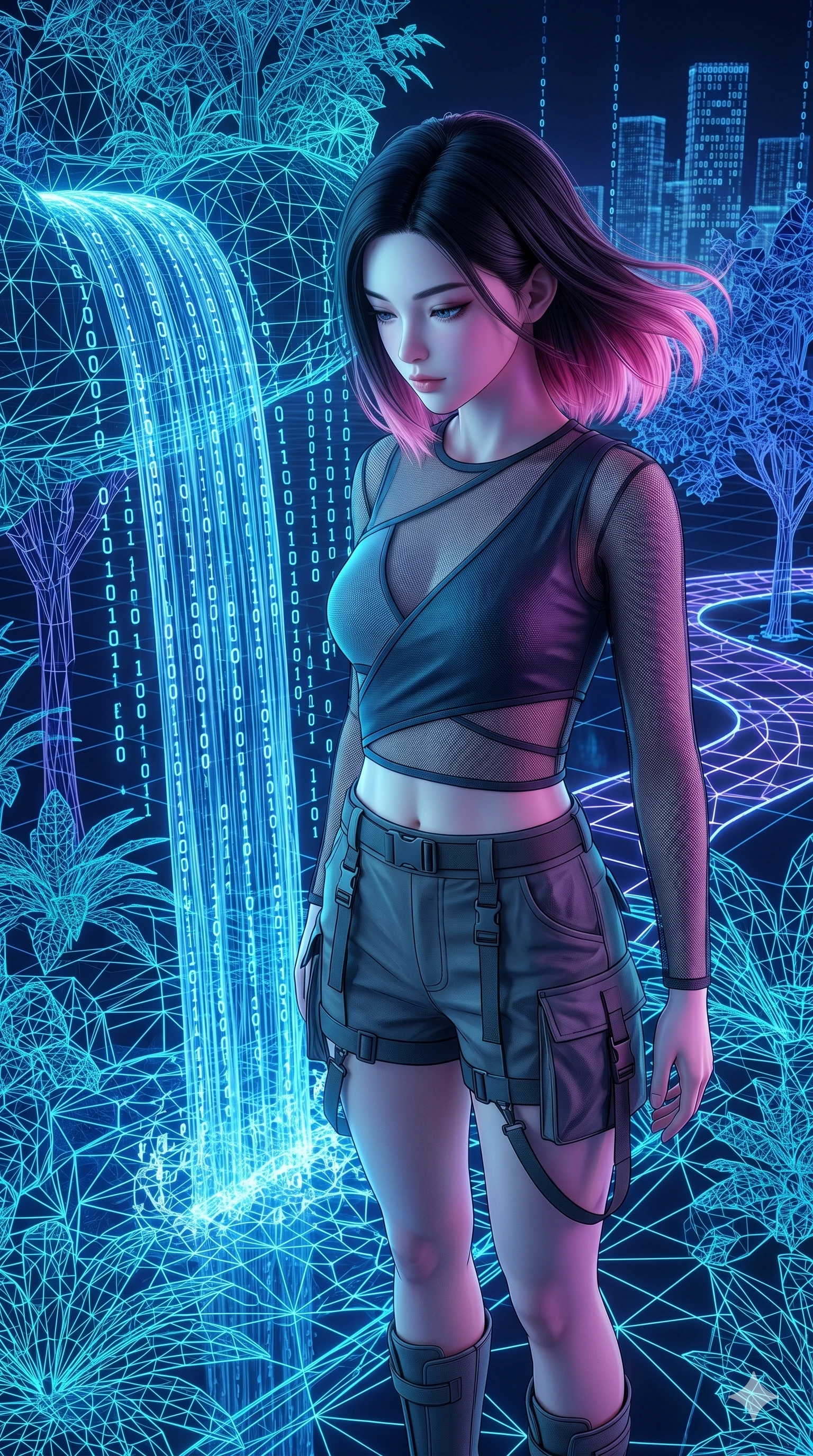 score_9, masterpiece, best quality, ultra-detailed, high-budget anime keyframe, semi-realistic 3D game render, Korean woman. Upper body close-up from the thighs up, character filling the screen for maximum presence. Inside a virtual reality garden with wireframe waterfalls, looking at the falling data streams with a serene, dreamy look. She is wearing a cropped wrap top with sheer panels, utility shorts, and boots. The scene is illuminated by the vibrant blue glow of the wireframe water. 2k, ultra detail, master piece, 9:16 ratio