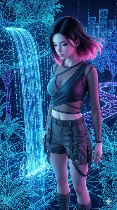 score_9, masterpiece, best quality, ultra-detailed, high-budget anime keyframe, semi-realistic 3D game render, Korean woman. Upper body close-up from the thighs up, character filling the screen for maximum presence. Inside a virtual reality garden wi