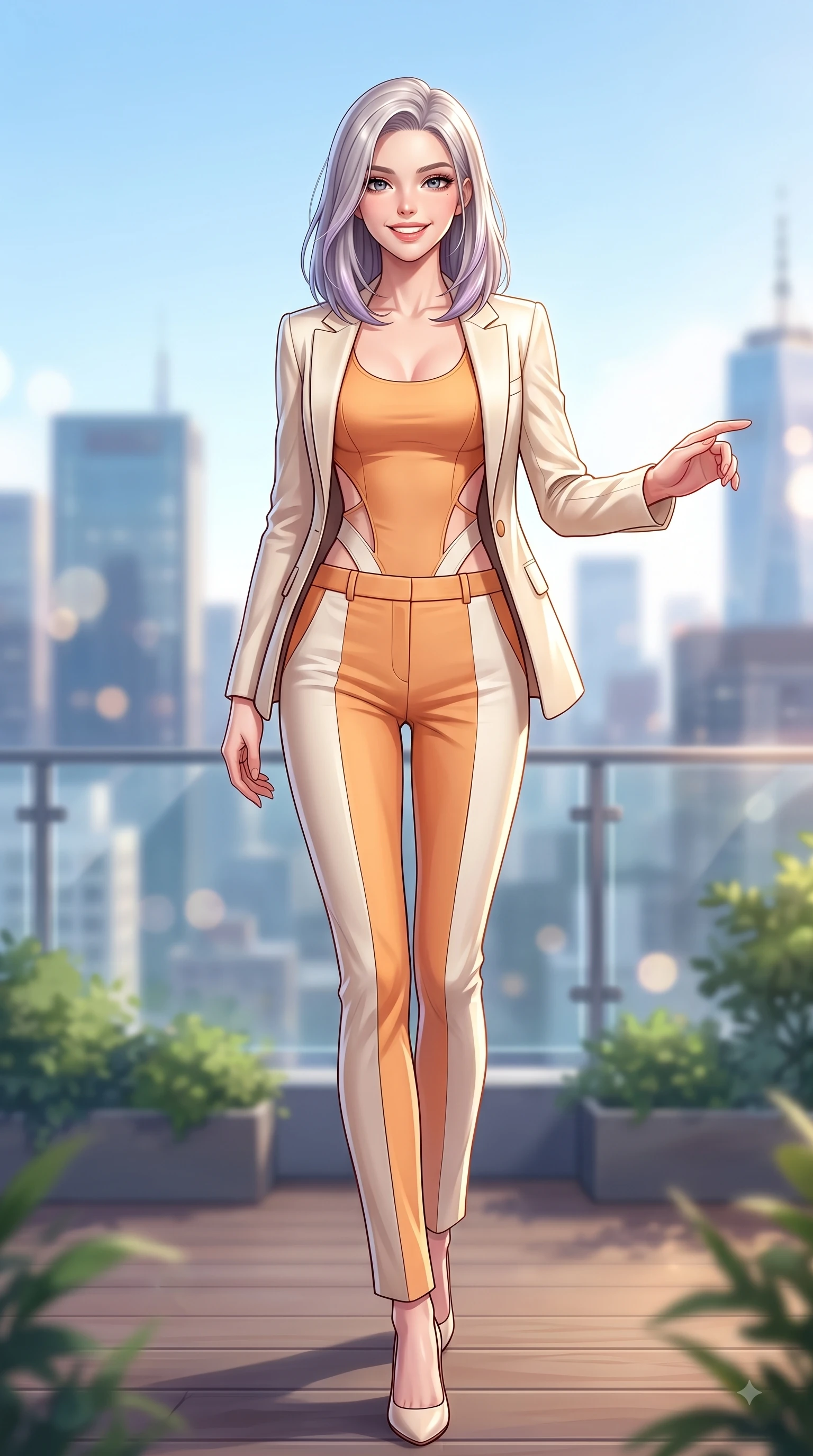 score_9, masterpiece, best quality, ultra-detailed, high-budget anime keyframe, editorial fashion photography, tasteful artistic composition, Caucasian woman. low angle full-body shot from head to toe showing her feet, filling the entire 9:16 vertical frame with her statuesque presence, stretching her vertical silhouette. walking forward in a proud dynamic stride with a cheerful beaming smile, her vertical silhouette filling the frame while reaching one hand gracefully toward the city skyline view with a magnetic smile. The composition keeps background elements in soft focus with dreamy bokeh. rooftop deck glass railings and terrace greenery softened in smooth shallow focus. She has an absolutely perfect, statuesque 8.5-heads proportion, an exceptionally tall and slender model-like female figure with impossibly long slender legs and an ultra-slim waist. sharp v-shaped jawline, high-bridge nose, intricate jewel-like eyes with depth, thick eyelashes, glossy lips with a natural sheen, flawlessly proportioned anatomical accuracy, natural body alignment, perfectly sculpted elegant limbs, clean dynamic posture without body distortion. wearing a tailored cream silk blazer over a fitted scoop-neck camisole and slacks in warm apricot orange and cream white, tailored from fine wool crepe with clean lines, complemented by clean architectural cutouts along her slender torso, the tailored fabric tightly following every curve of her athletic build. illuminated by crisp specular highlights and clear rim lighting. highly saturated vibrant anime colors, detailed shading with soft gradients, rich glossy textures, high-contrast stereoscopic depth, volumetric dynamic lighting, master piece, 9:16 ratio