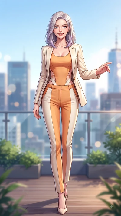 score_9, masterpiece, best quality, ultra-detailed, high-budget anime keyframe, editorial fashion photography, tasteful artistic composition, Caucasian woman. low angle full-body shot from head to toe showing her feet, filling the entire 9:16 vertica