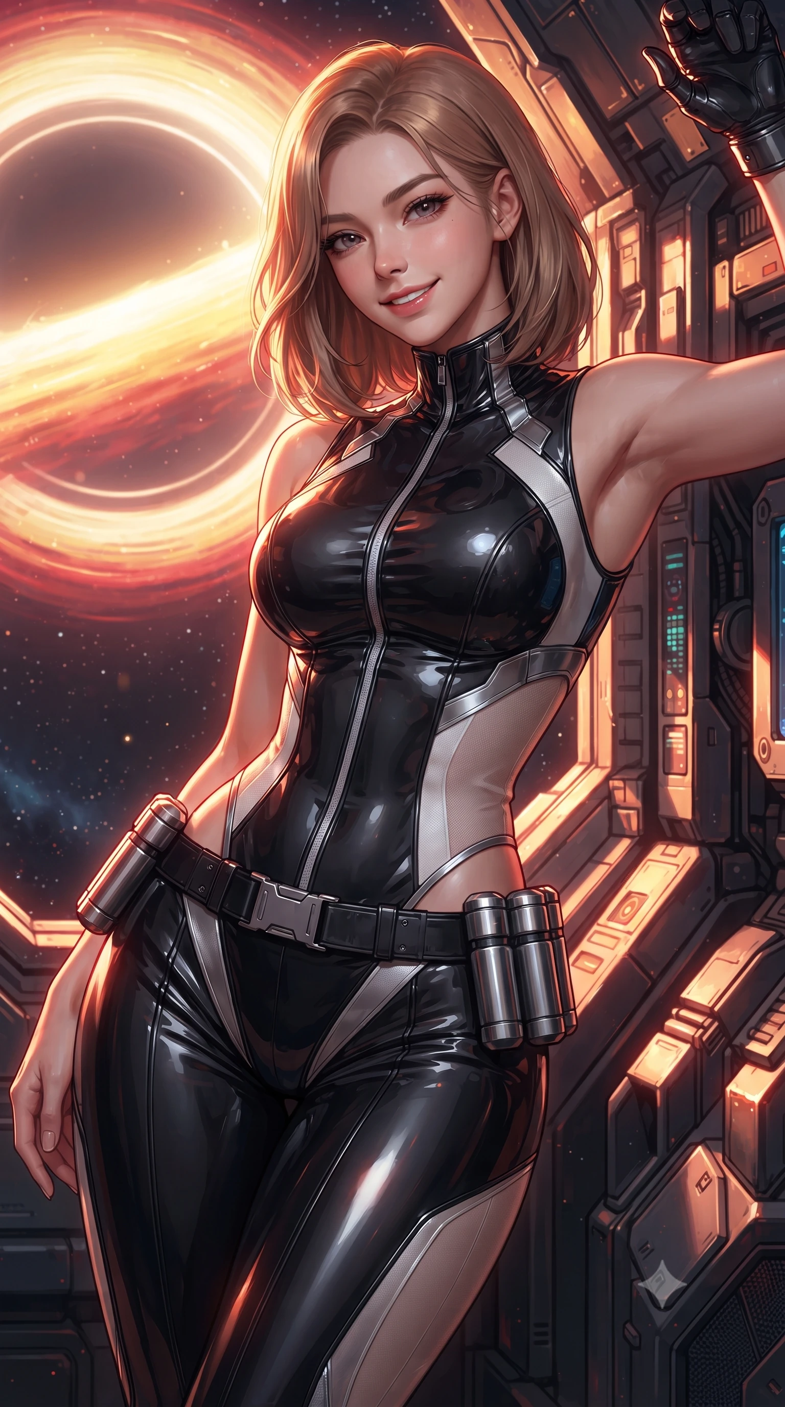 score_9, masterpiece, best quality, ultra-detailed, high-budget anime keyframe, editorial fashion photography, tasteful artistic composition, Korean woman. close-up cowboy shot from the waist and thighs up, the character dominates the composition, filling the frame with her large presence. leaning back against the glowing maintenance bulkhead with relaxed seductive grace, her flat midriff and narrow waist highlighted as laser ambient light traces her curves while twisting her slender torso in an alluring S-curve, extreme relativistic Doppler-shifted light painting her narrow waist and curvy hips in fire. The surrounding environment is rendered in vivid detail and crisp panoramic clarity: detailed combat suit weave, blinding accretion light reflections on armor, and deep-space observatory architecture in high clarity. She has an exceptionally elegant, slender, and willowy female figure with an ultra-slim waist, flat toned midriff, narrow ribcage, and sculpted feminine hips creating an alluring, slim hourglass silhouette without bulk. sharp v-shaped jawline, high-bridge nose, intricate jewel-like sparkling eyes with depth, thick eyelashes, glossy parted lips with a natural sheen, bright confident smile with an enchanting and coquettish sensual glint, exuding both youthful magnetic charm and sovereign high-tech allure, flawlessly proportioned anatomical accuracy, strict slender model proportions, natural body alignment, perfectly sculpted long slender limbs, ultra-slim waistline, clean dynamic posture without body distortion. wearing a sleeveless high-collar cyber pilot suit in liquid-look obsidian jersey with strategic sheer ventilation panels in pure alabaster white and brushed silver accents, tailored from ultra-reflective glossy liquid vinyl with mirror-like specular highlights, accented with a sleek utility belt with polished magnetic canisters resting loosely on her curvy hips, the form-contouring cut accentuating her sculpted flat midriff, narrow delicate ribcage, and gracefully curvy hips with cybernetic supermodel precision. bathed in intense, blazing golden and crimson relativistic light streaming from the accretion disk. ultra-reflective glossy finish, specular highlights, rich textural contrasts, high-contrast stereoscopic depth, volumetric dynamic lighting, 2k, ultra detail, master piece, 9:16 ratio